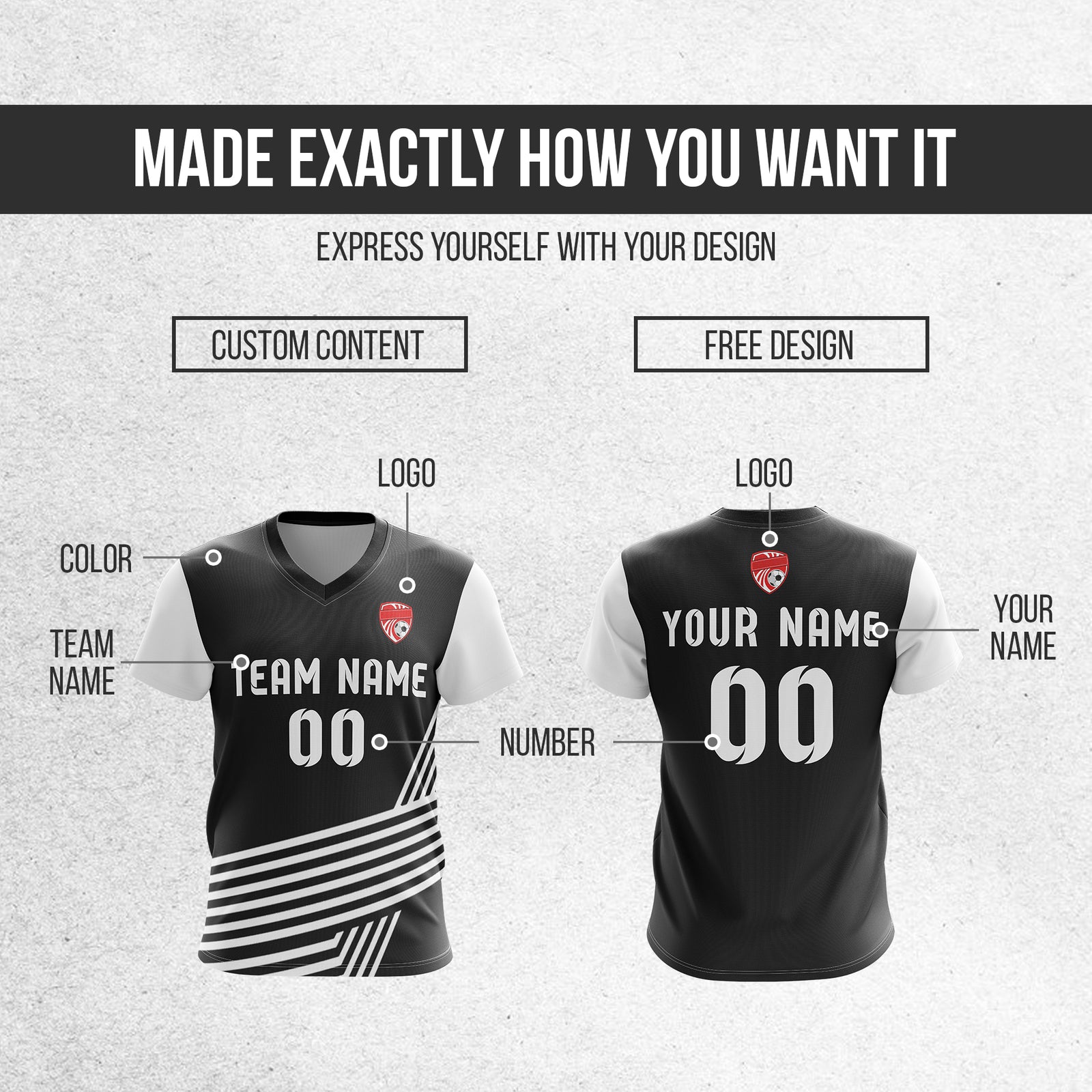 Soccer Jersey - V Neck - Side Pattern- Design 4 - Black