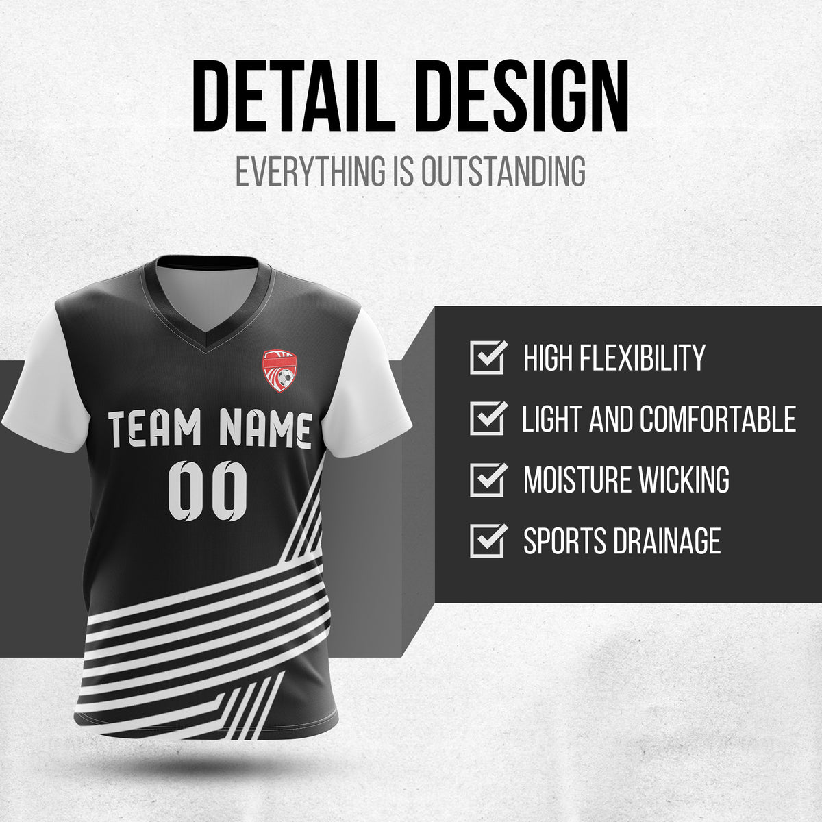 Soccer Jersey - V Neck - Side Pattern- Design 4 - Black