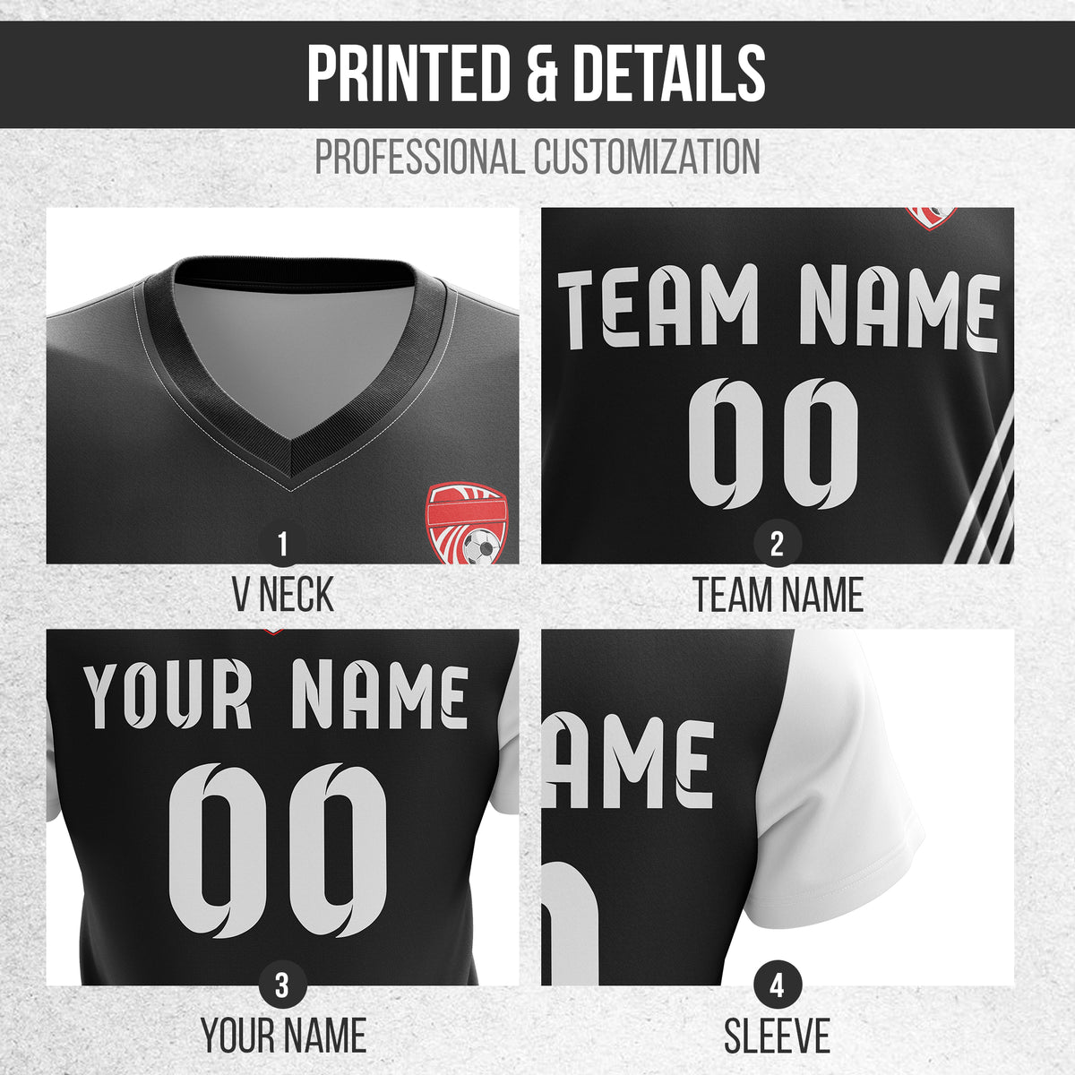 Soccer Jersey - V Neck - Side Pattern- Design 4 - Black