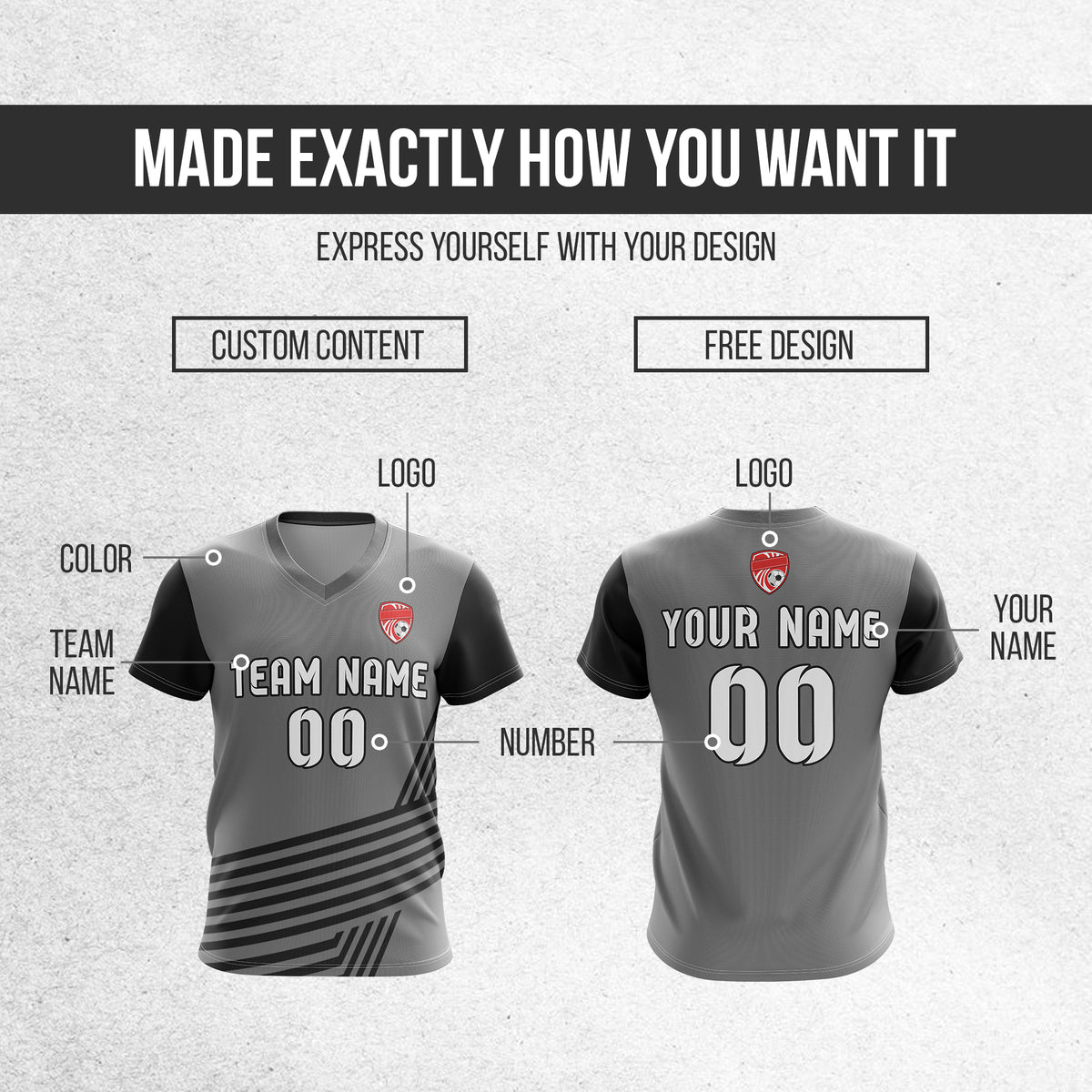 Soccer Jersey - V Neck - Side Pattern- Design 4 - Dark Grey