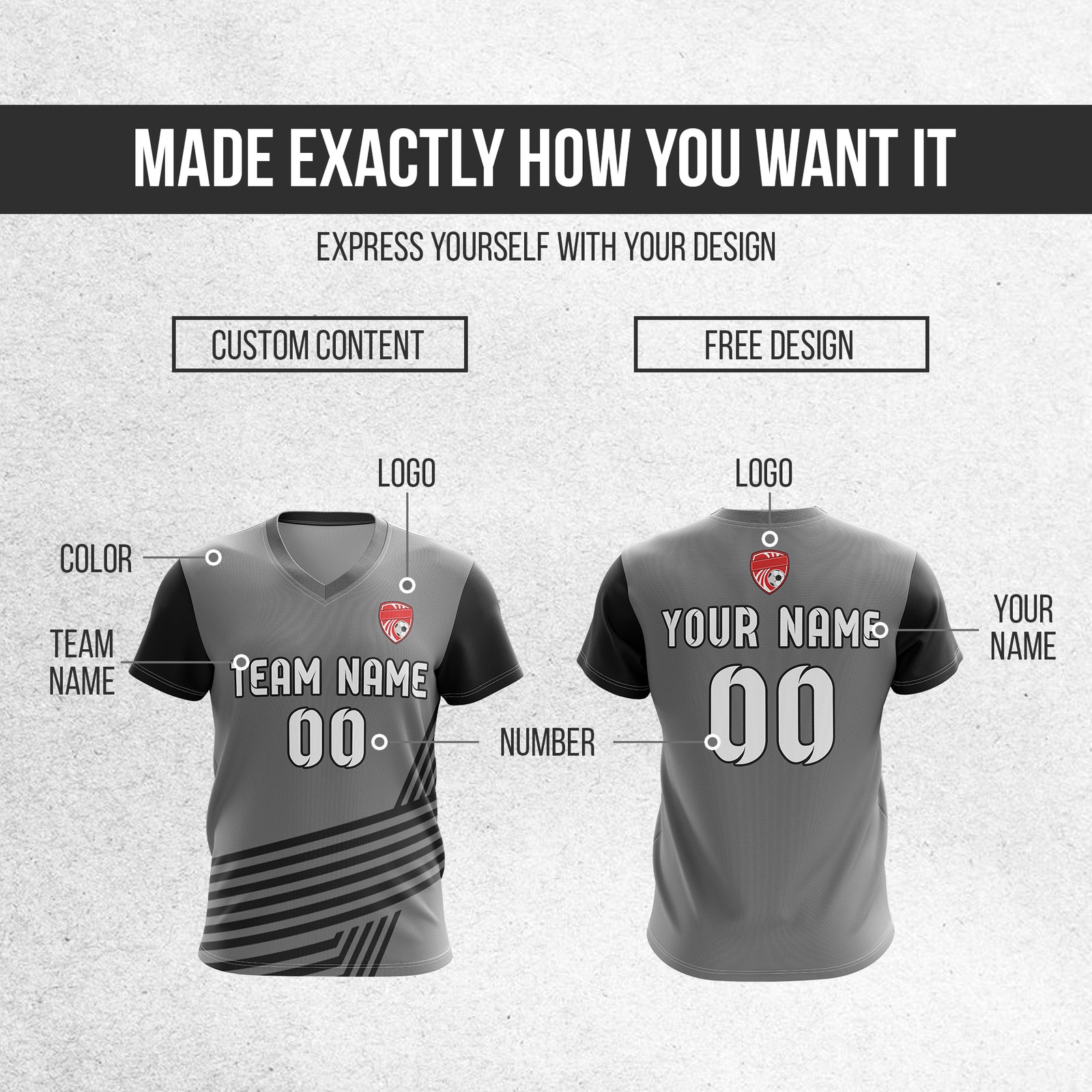 Soccer Jersey - V Neck - Side Pattern- Design 4 - Dark Grey