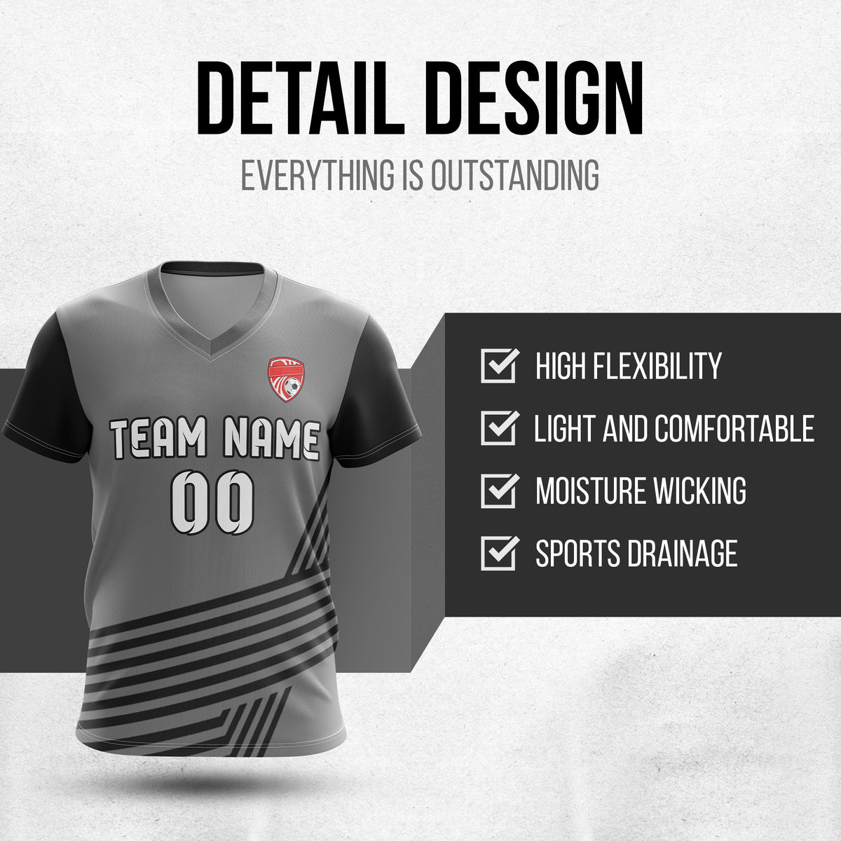 Soccer Jersey - V Neck - Side Pattern- Design 4 - Dark Grey