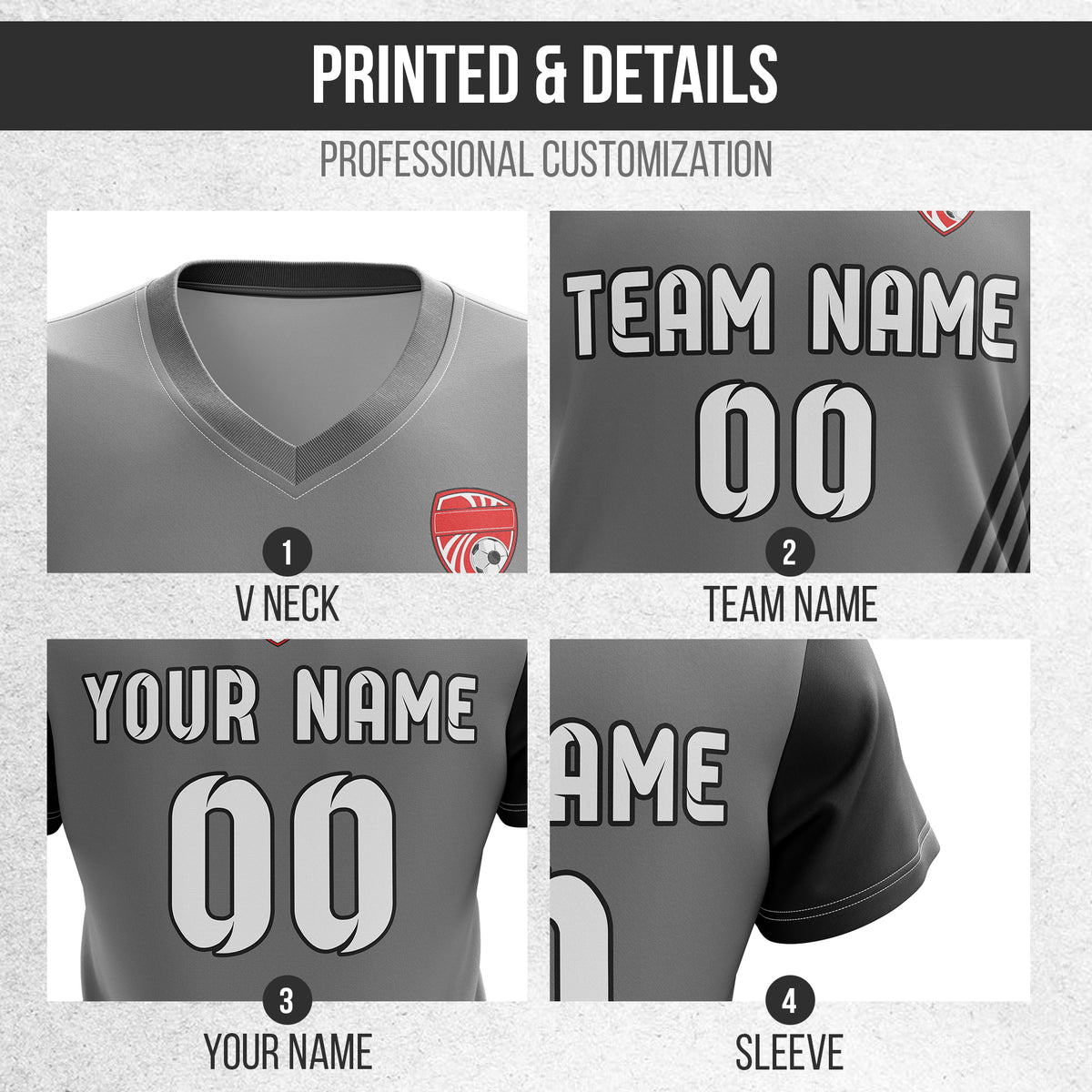 Soccer Jersey - V Neck - Side Pattern- Design 4 - Dark Grey