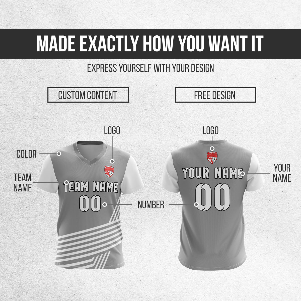 Soccer Jersey - V Neck - Side Pattern- Design 4 - Grey