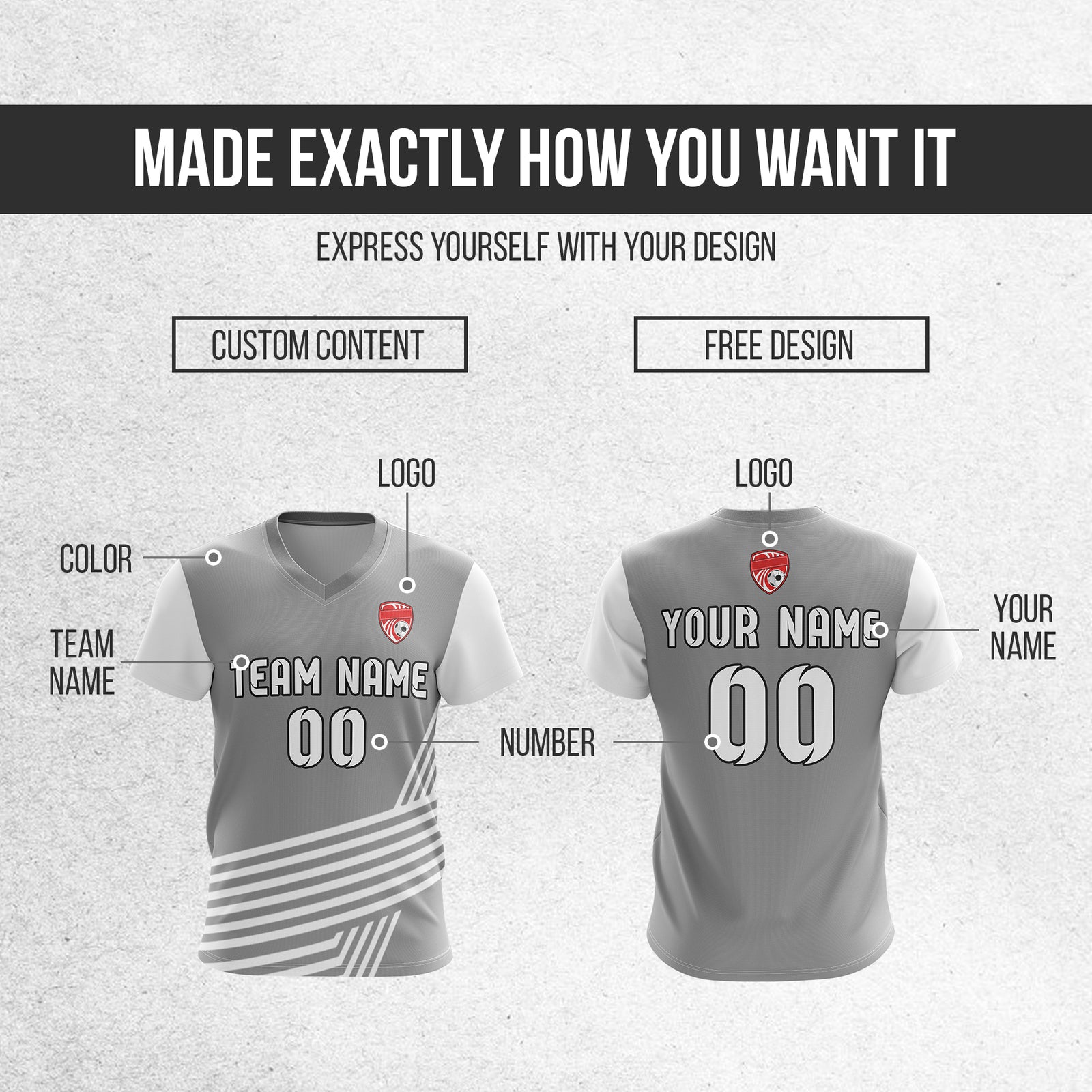 Soccer Jersey - V Neck - Side Pattern- Design 4 - Grey