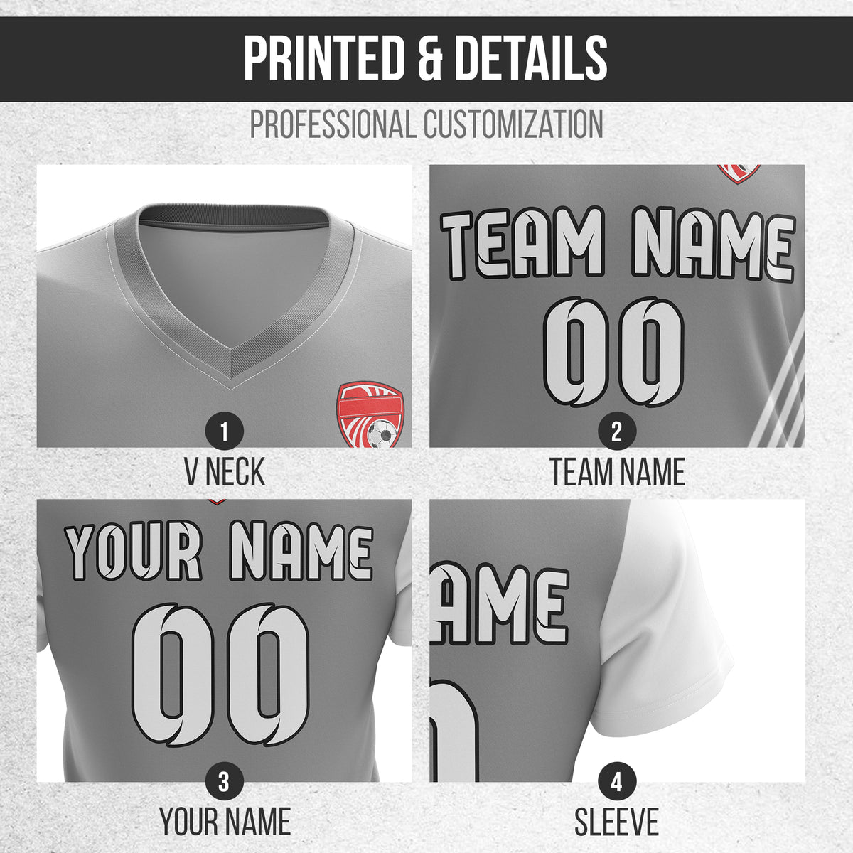 Soccer Jersey - V Neck - Side Pattern- Design 4 - Grey