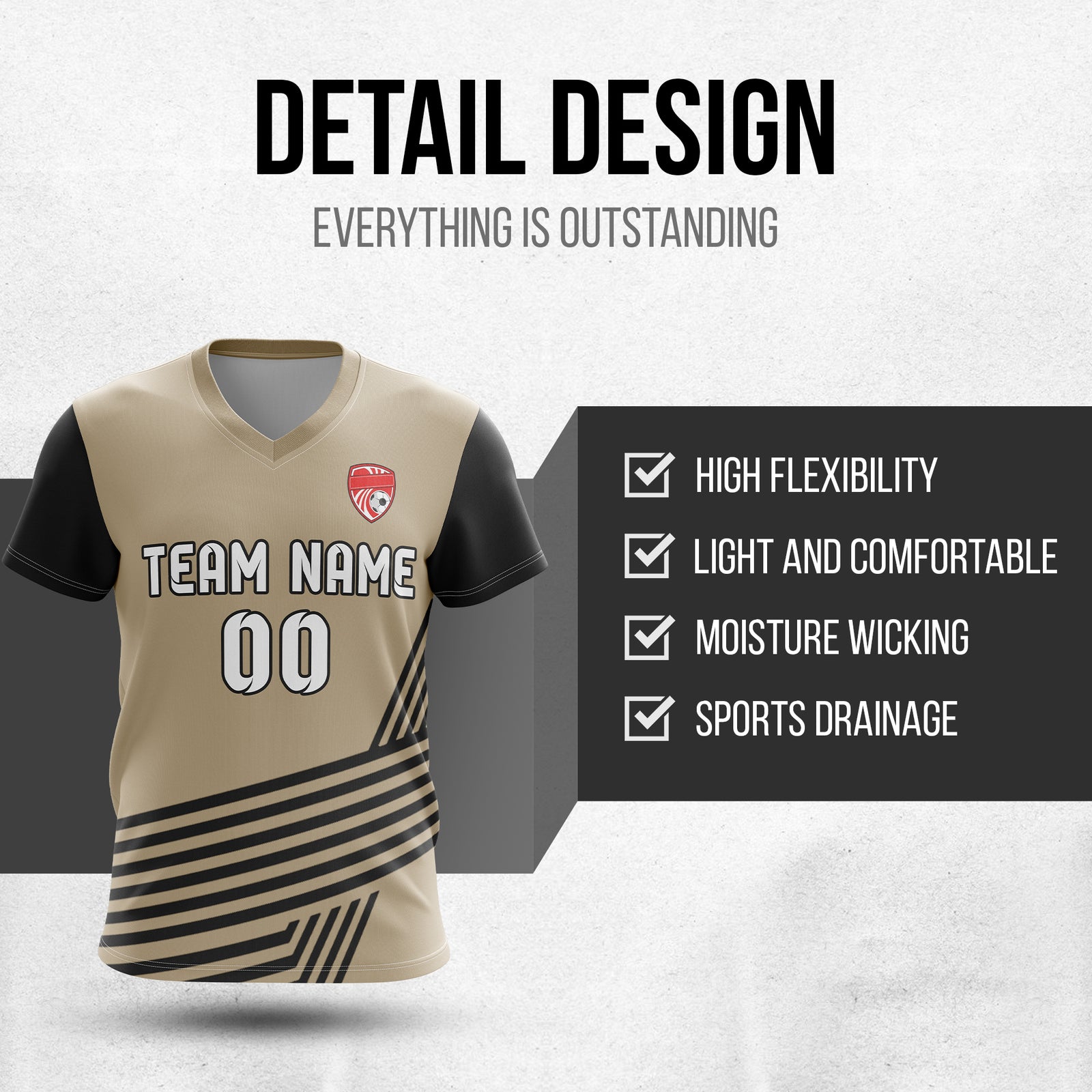 Soccer Jersey - V Neck - Side Pattern- Design 4 - Khakhii