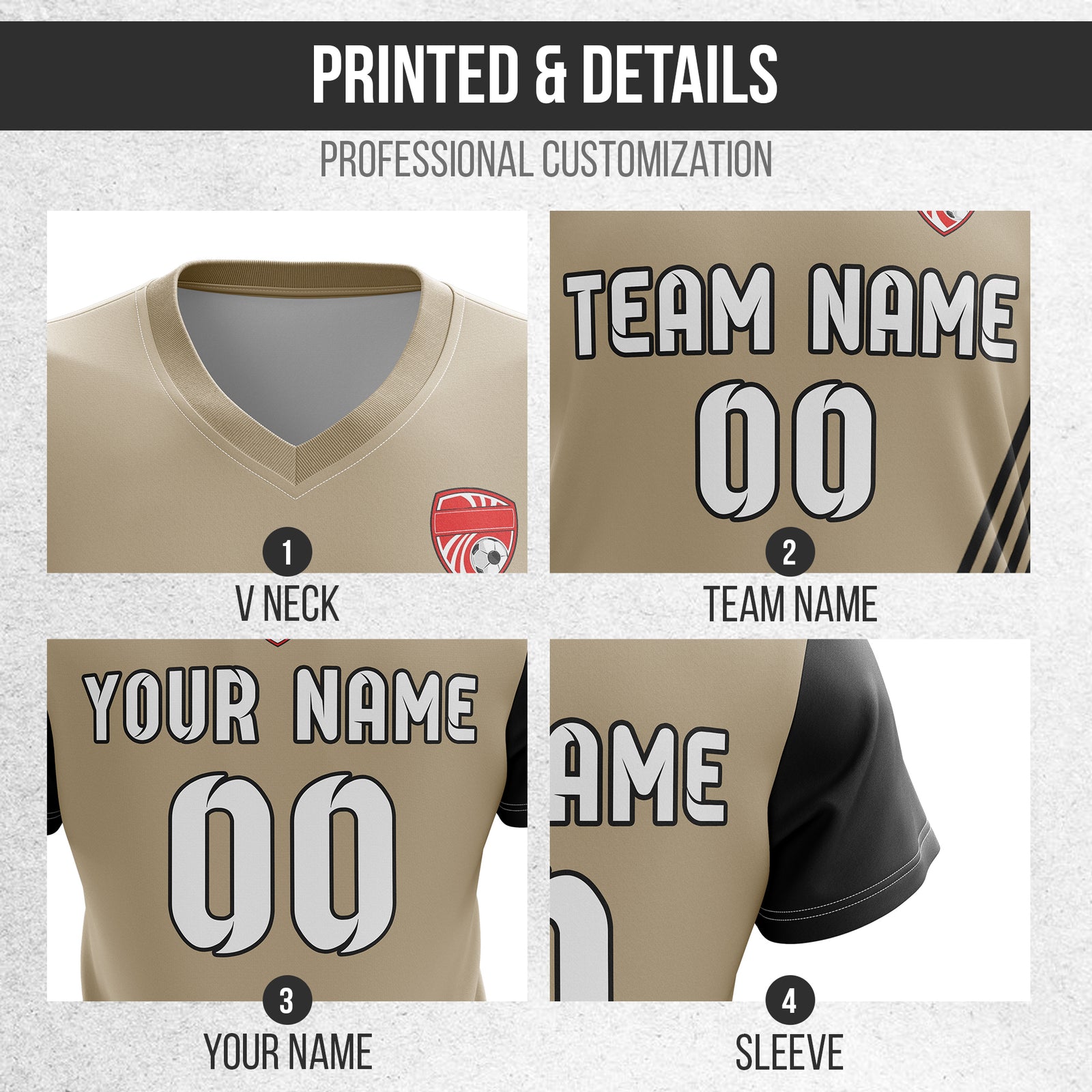 Soccer Jersey - V Neck - Side Pattern- Design 4 - Khakhii