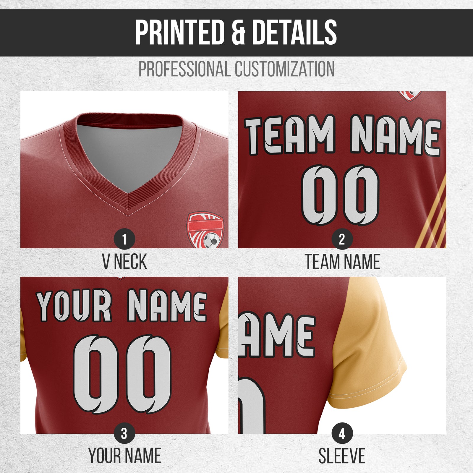 Soccer Jersey - V Neck - Side Pattern- Design 4 - Red