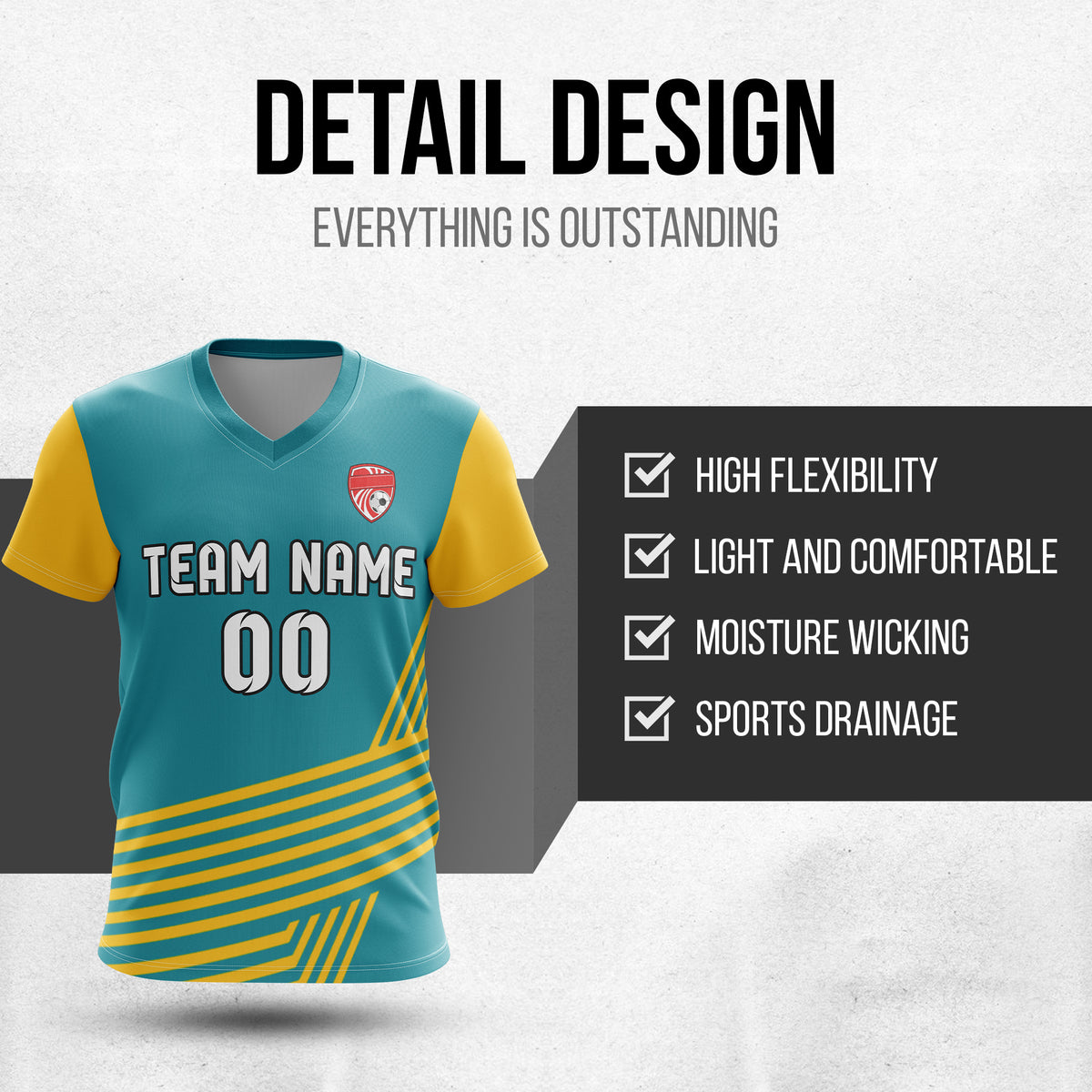 Soccer Jersey - V Neck - Side Pattern- Design 4 - Teal