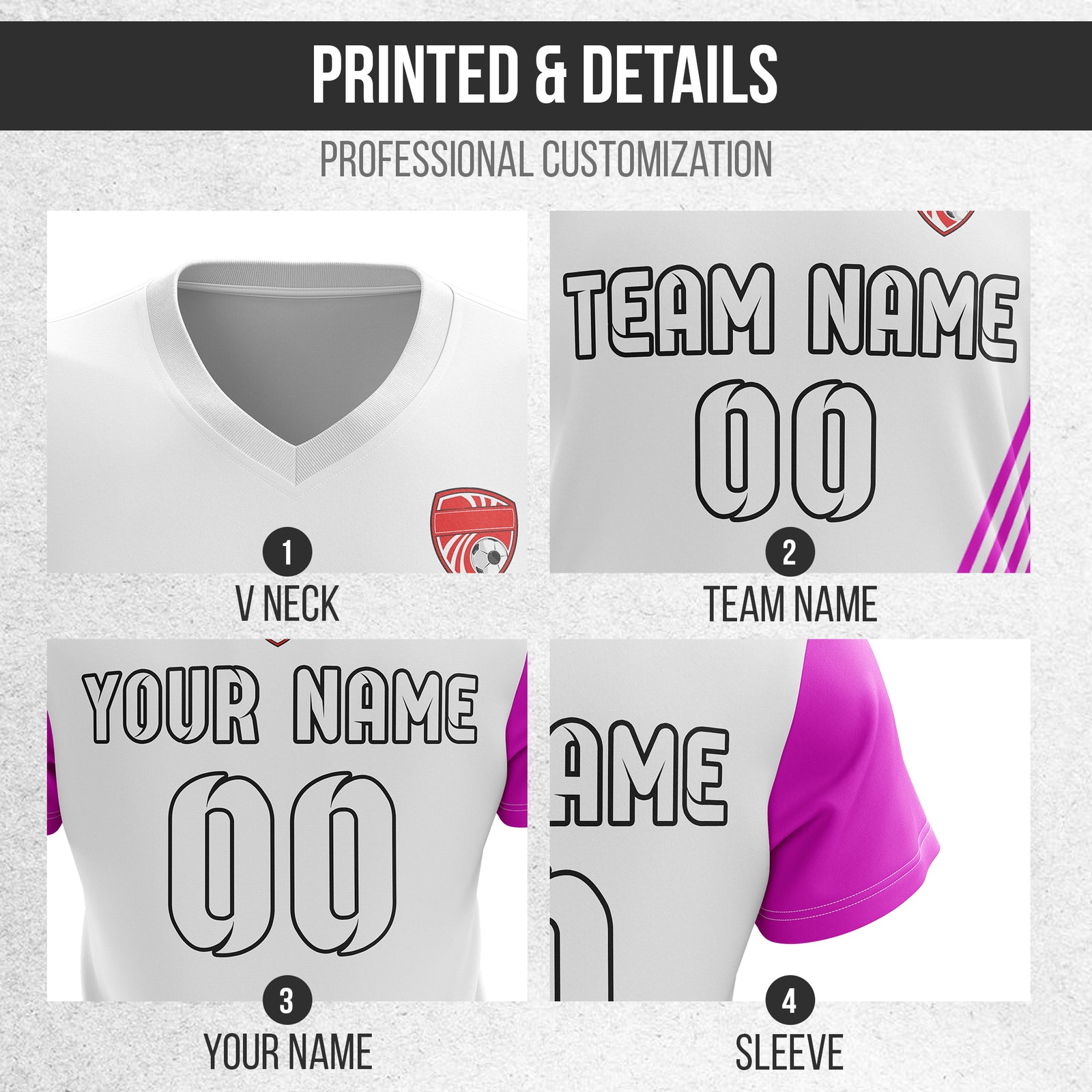 Soccer Jersey - V Neck - Side Pattern- Design 4 - White