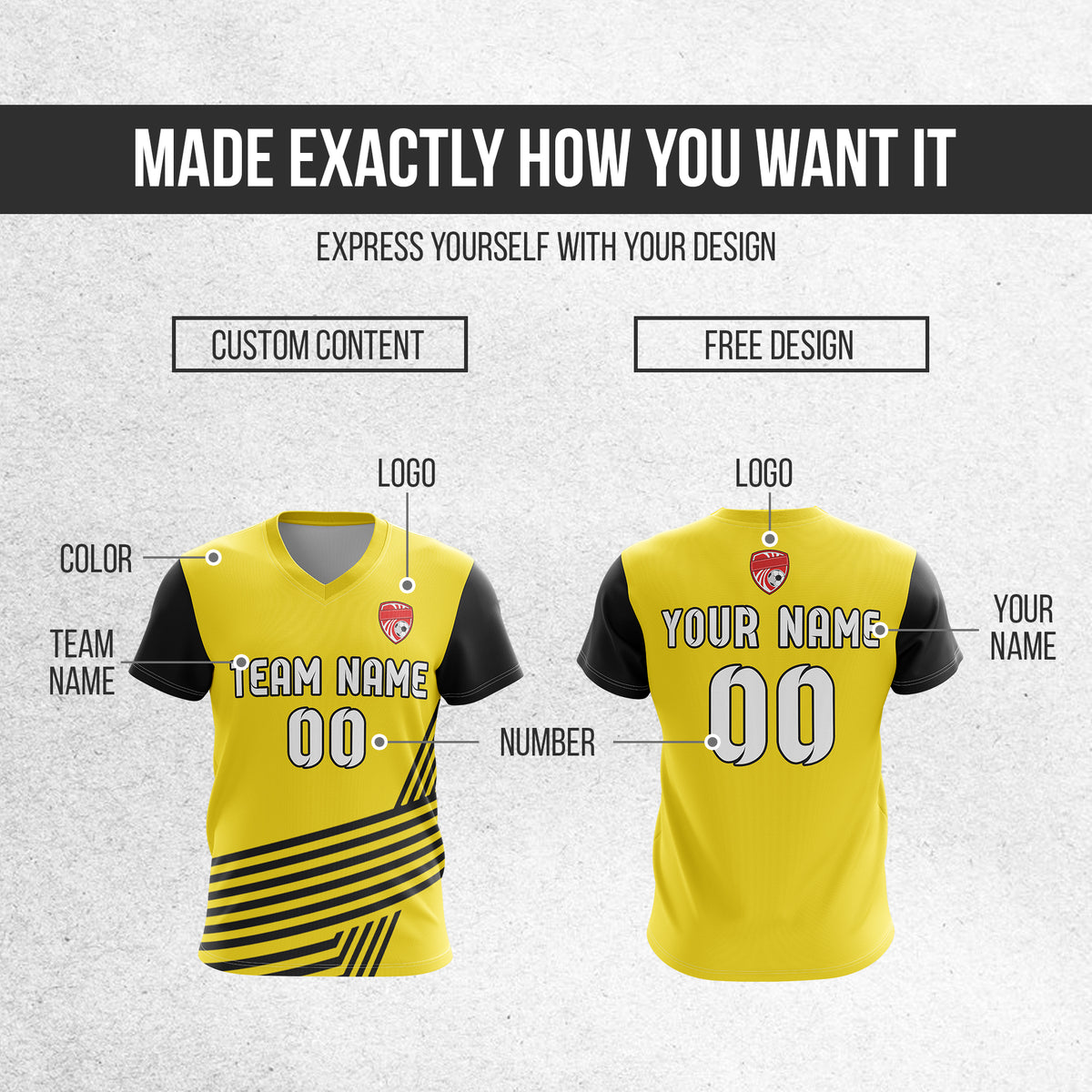 Soccer Jersey - V Neck - Side Pattern- Design 4 - Yellow