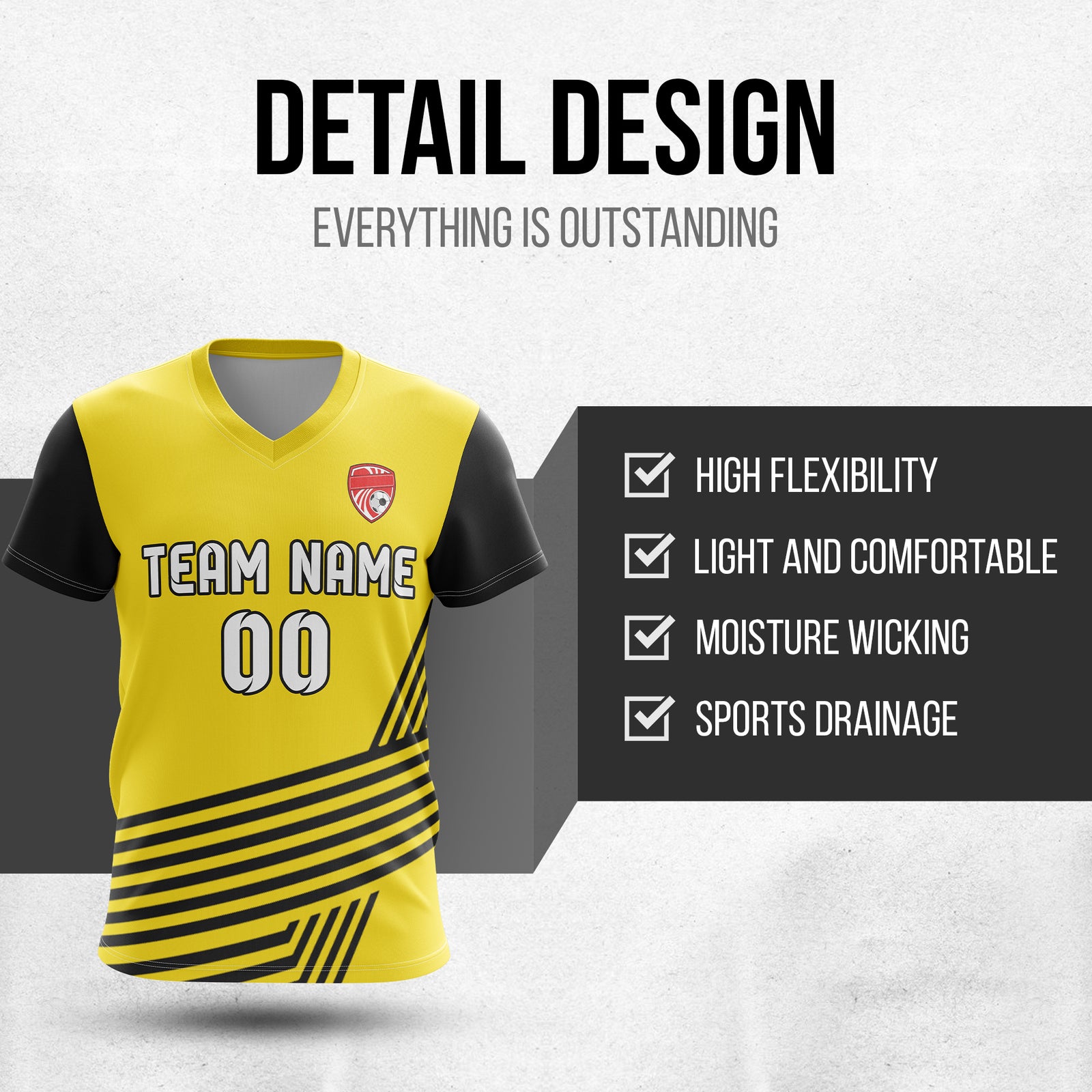 Soccer Jersey - V Neck - Side Pattern- Design 4 - Yellow