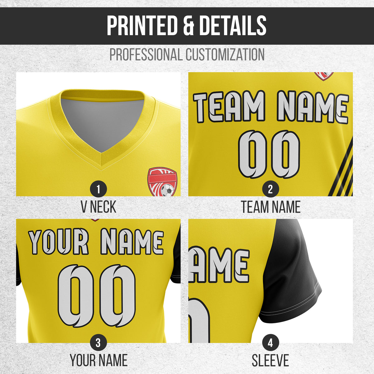 Soccer Jersey - V Neck - Side Pattern- Design 4 - Yellow