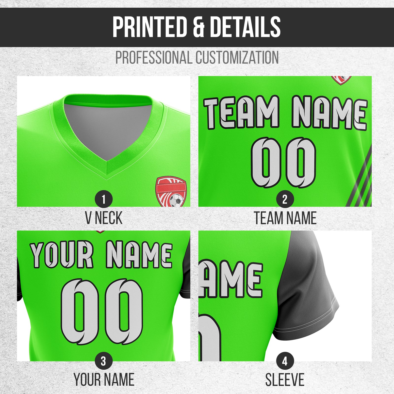 Soccer Jersey - V Neck - Side Pattern- Design 4 - neon Green