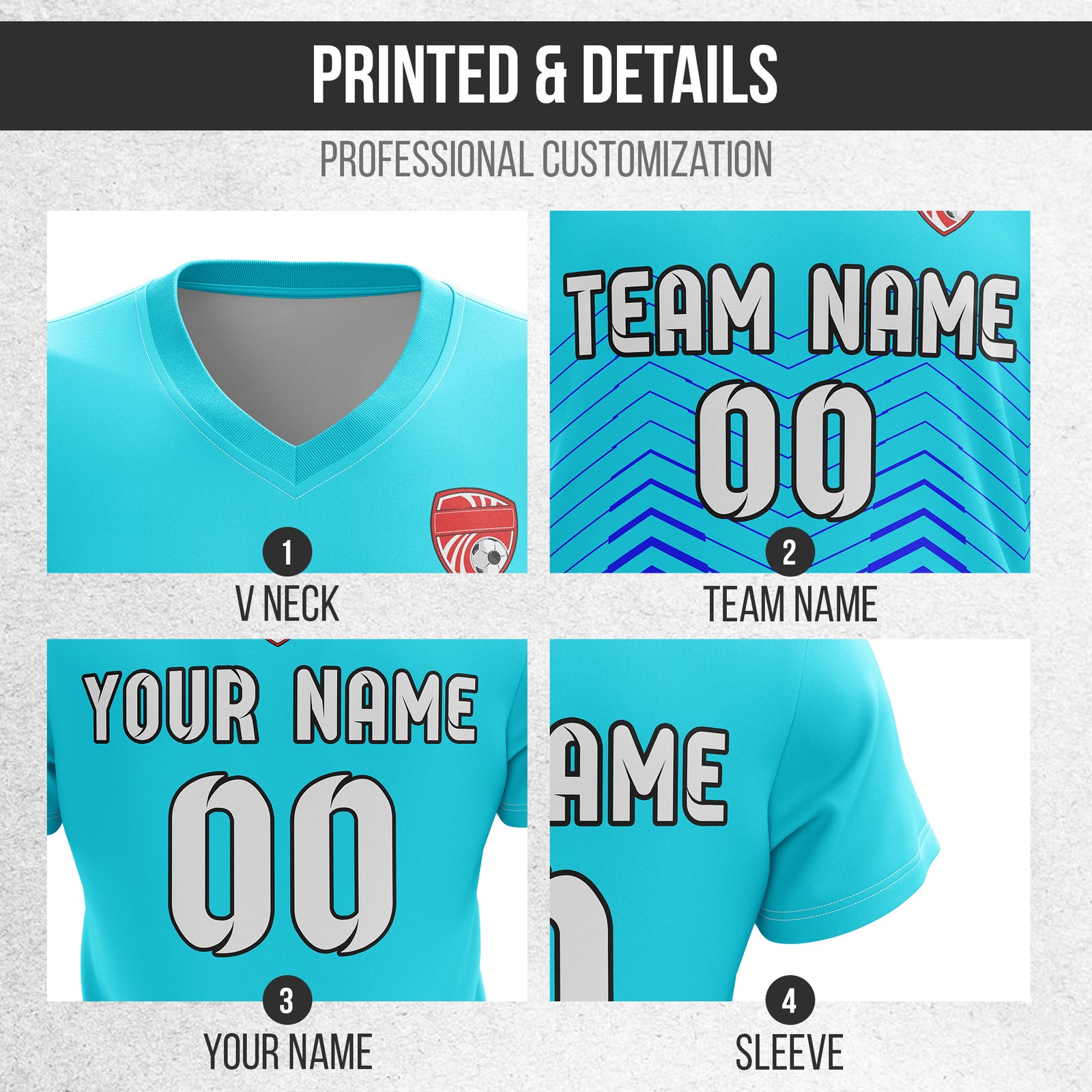 Soccer Jersey - V Neck - Side Pattern- Design 5 - Aqua