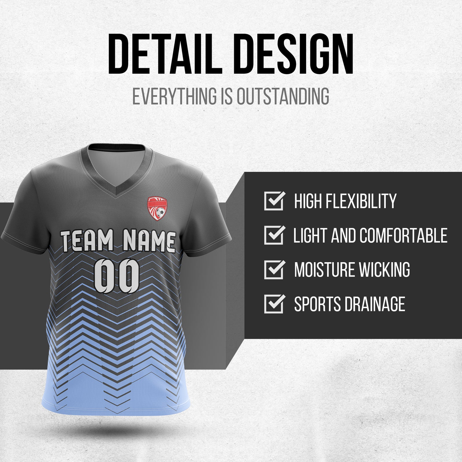 Soccer Jersey - V Neck - Side Pattern- Design 5 - Dark Grey