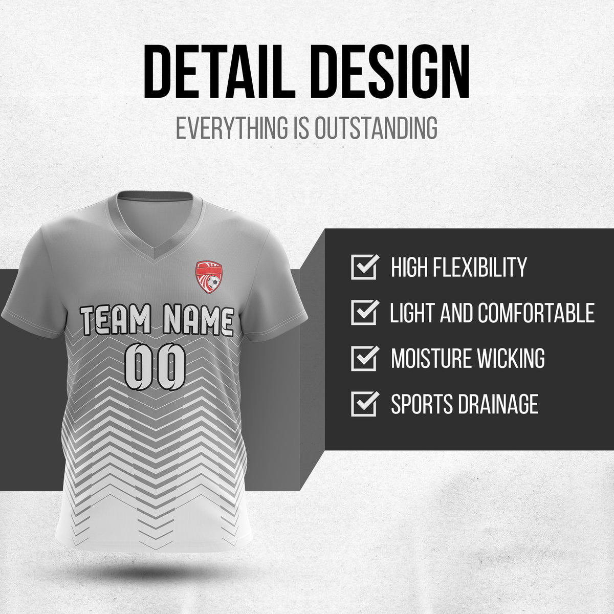 Soccer Jersey - V Neck - Side Pattern- Design 5 - Grey