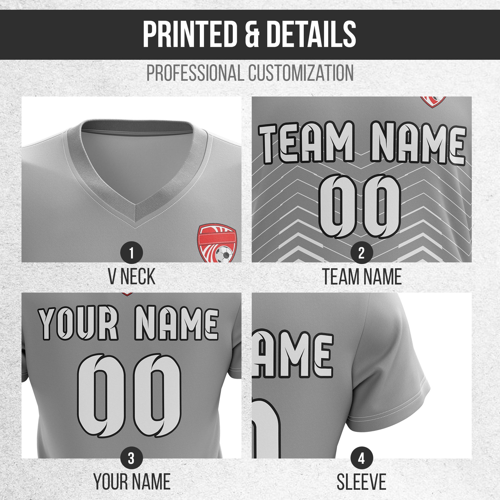 Soccer Jersey - V Neck - Side Pattern- Design 5 - Grey