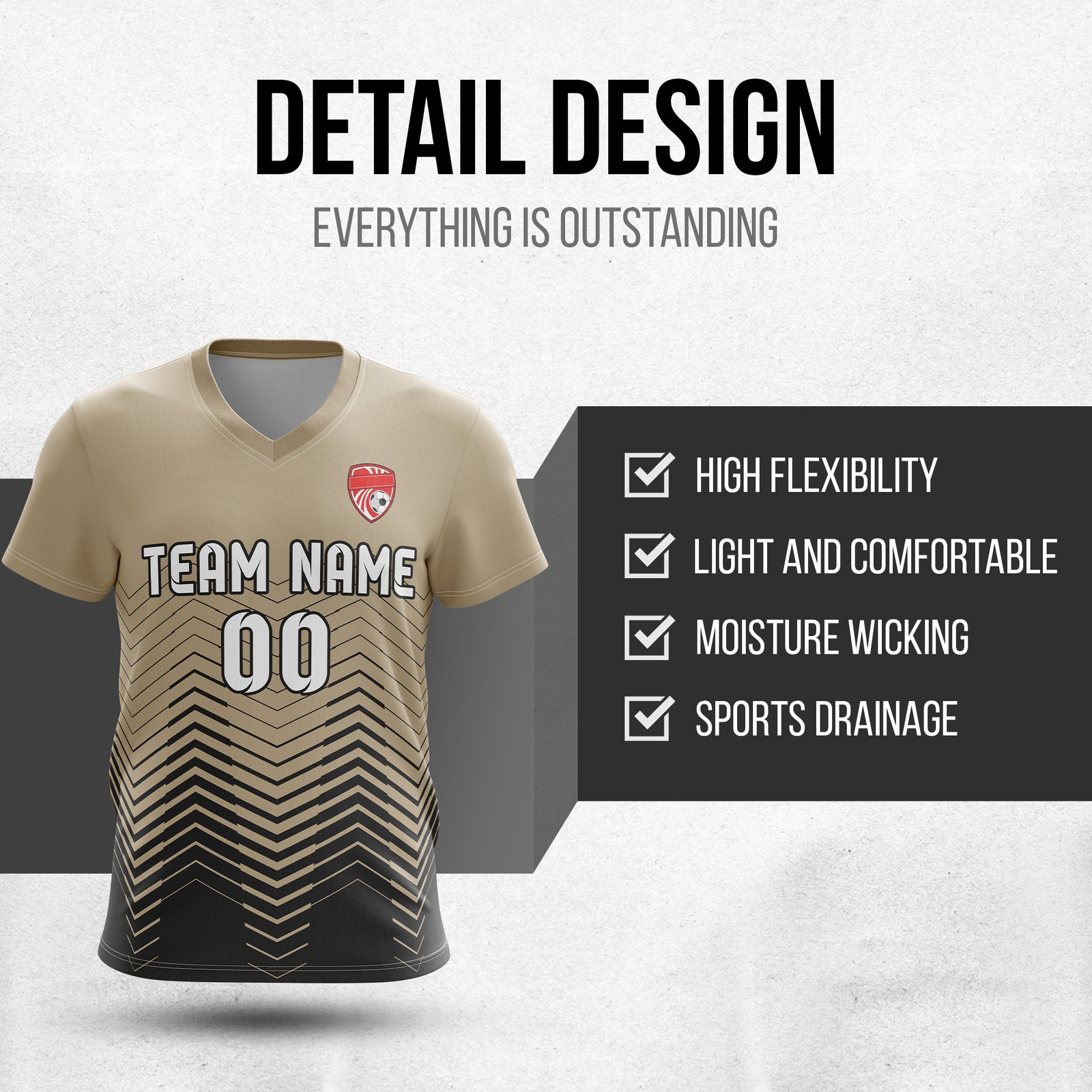 Soccer Jersey - V Neck - Side Pattern- Design 5 - Khakhii