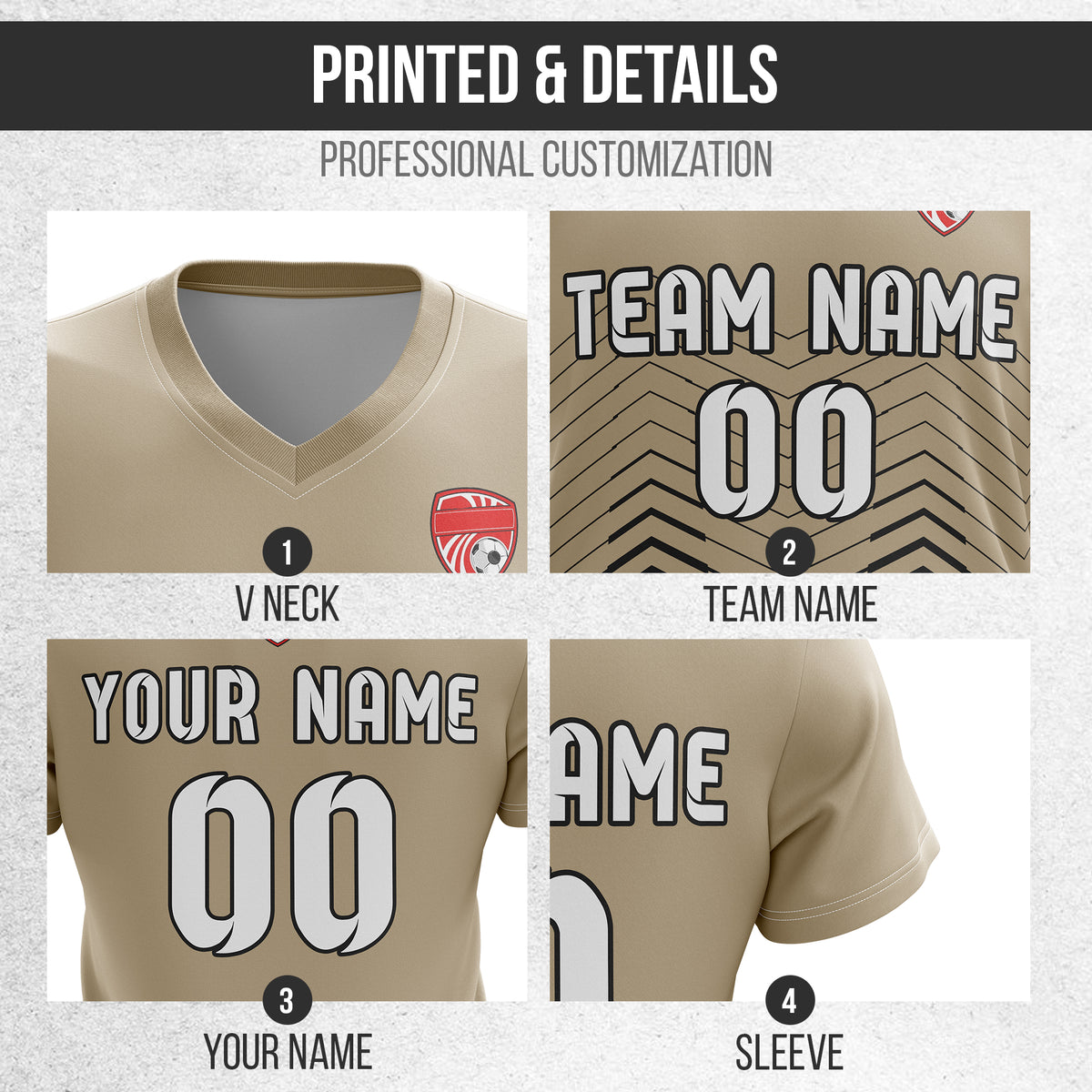 Soccer Jersey - V Neck - Side Pattern- Design 5 - Khakhii