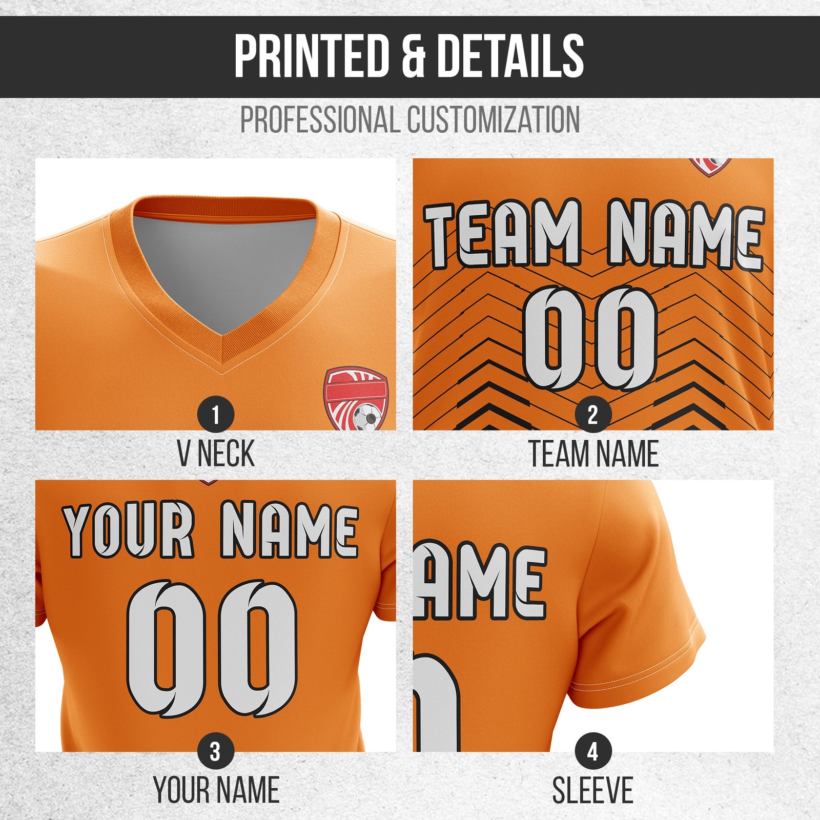 Soccer Jersey - V Neck - Side Pattern- Design 5 - Orange