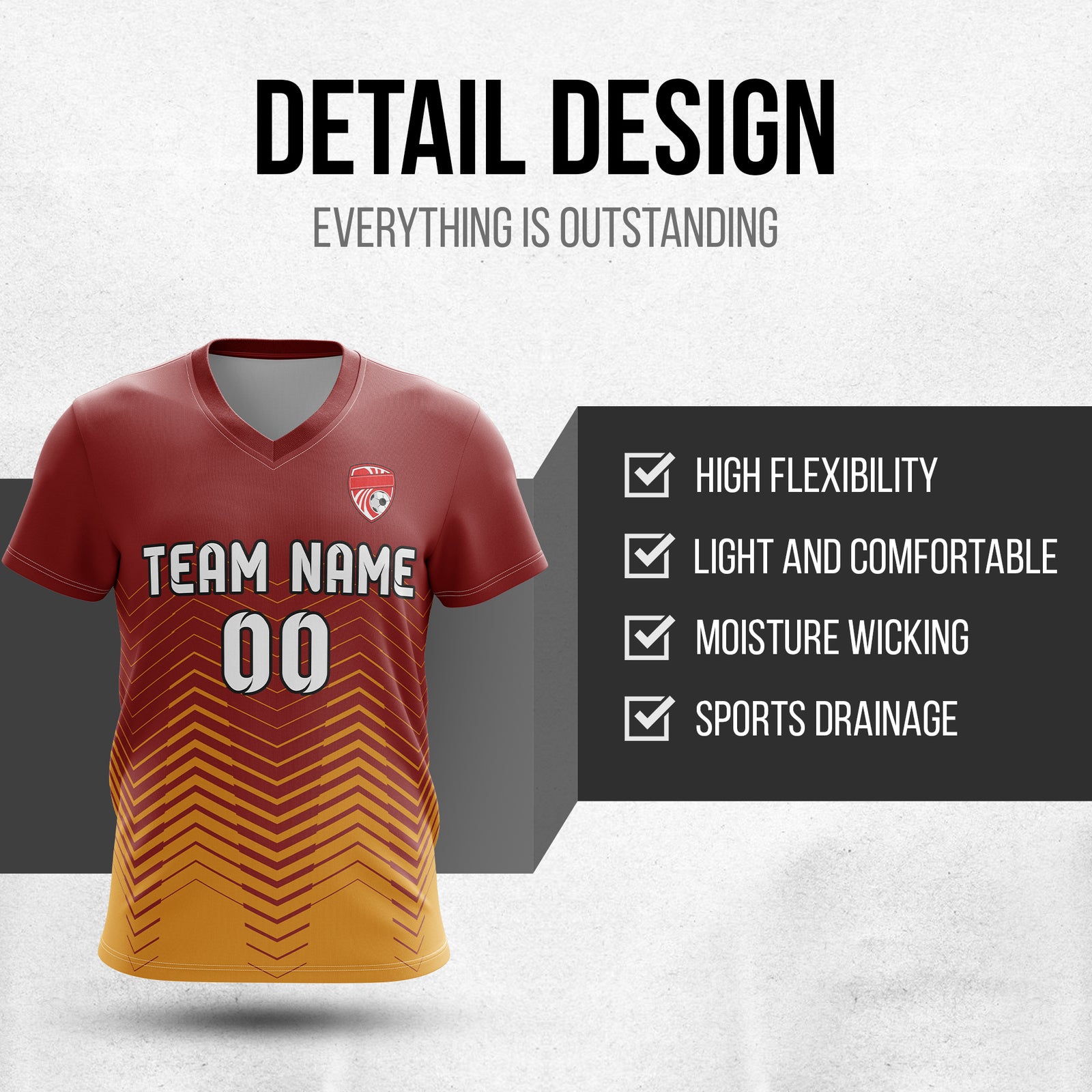 Soccer Jersey - V Neck - Side Pattern- Design 5 - Red