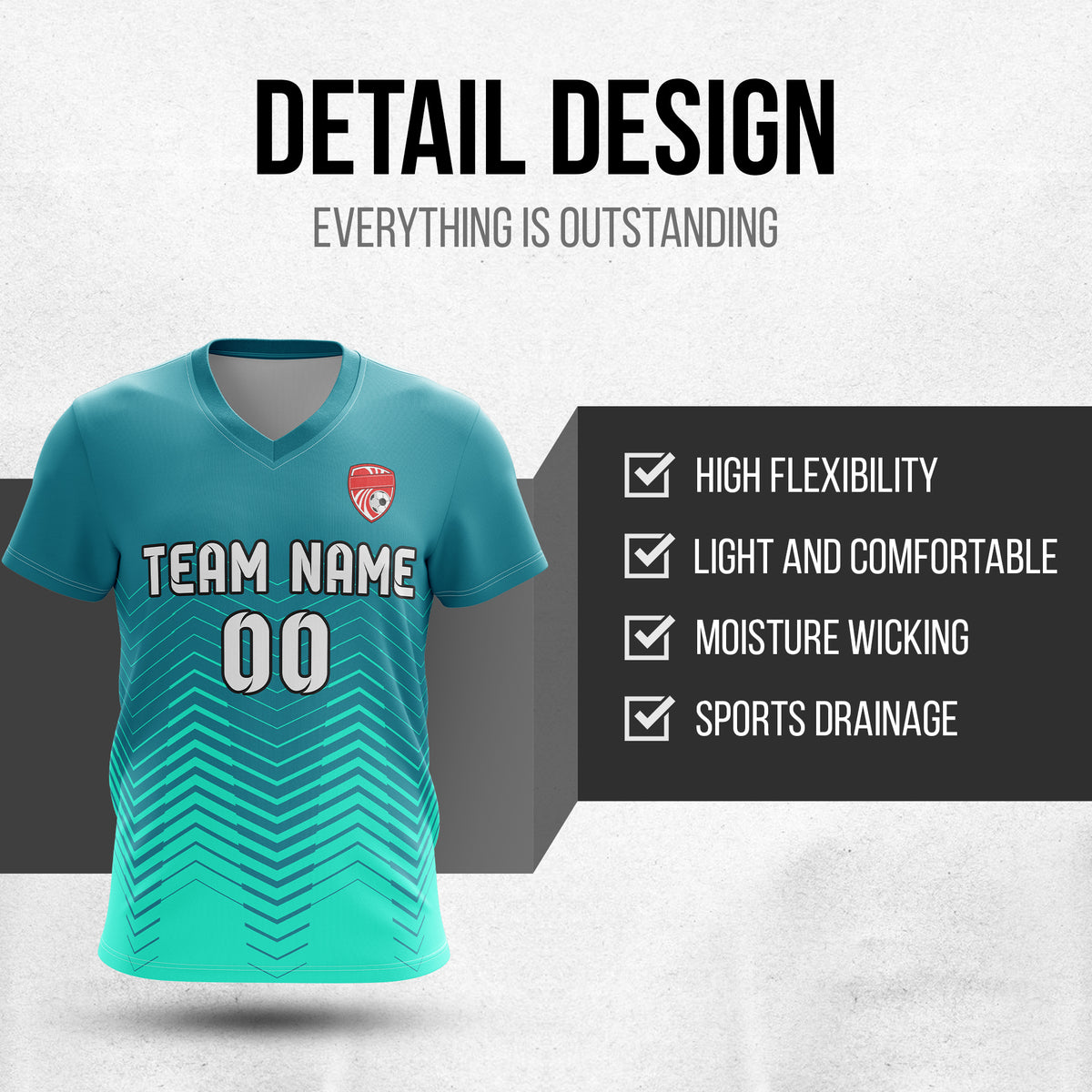 Soccer Jersey - V Neck - Side Pattern- Design 5 - Teal