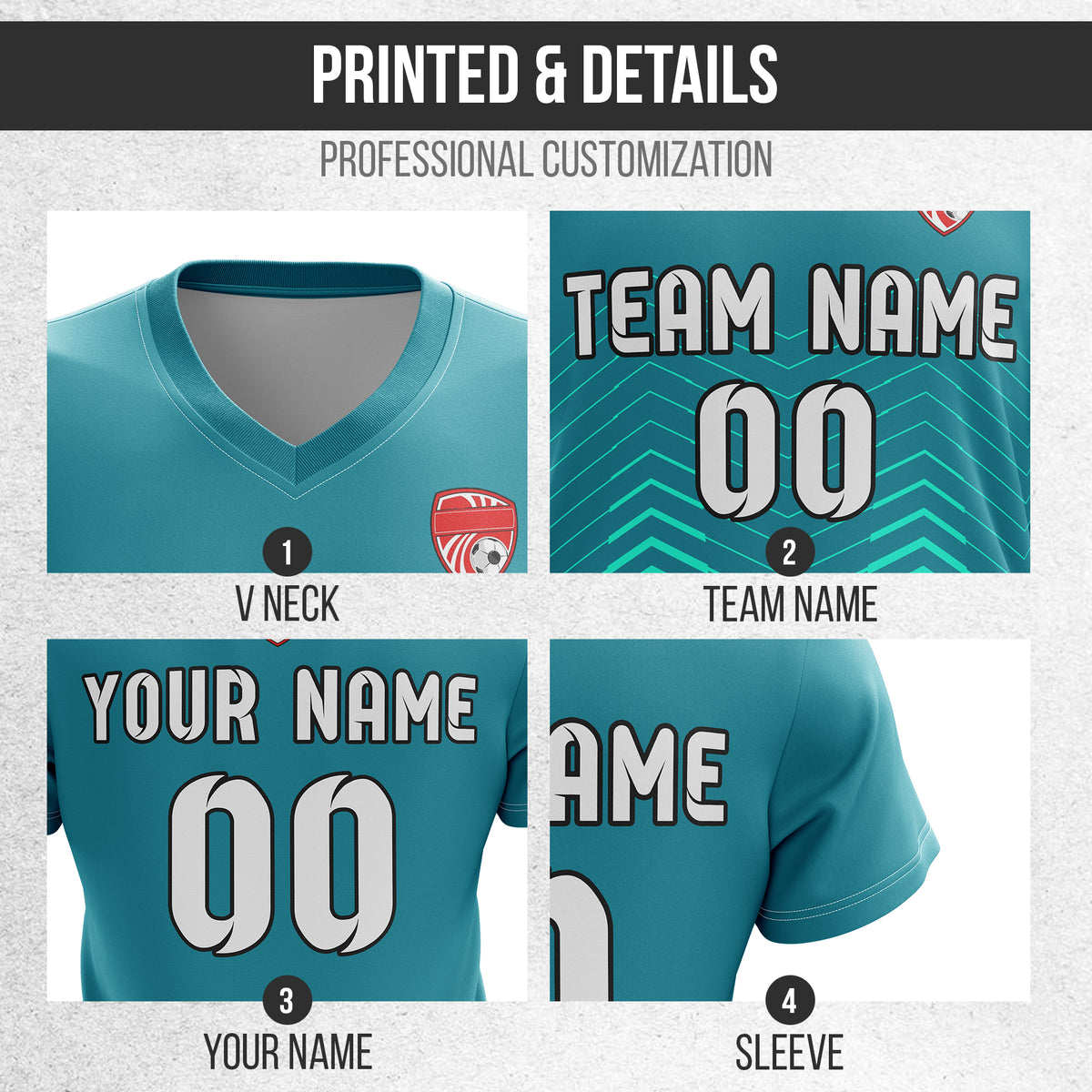 Soccer Jersey - V Neck - Side Pattern- Design 5 - Teal