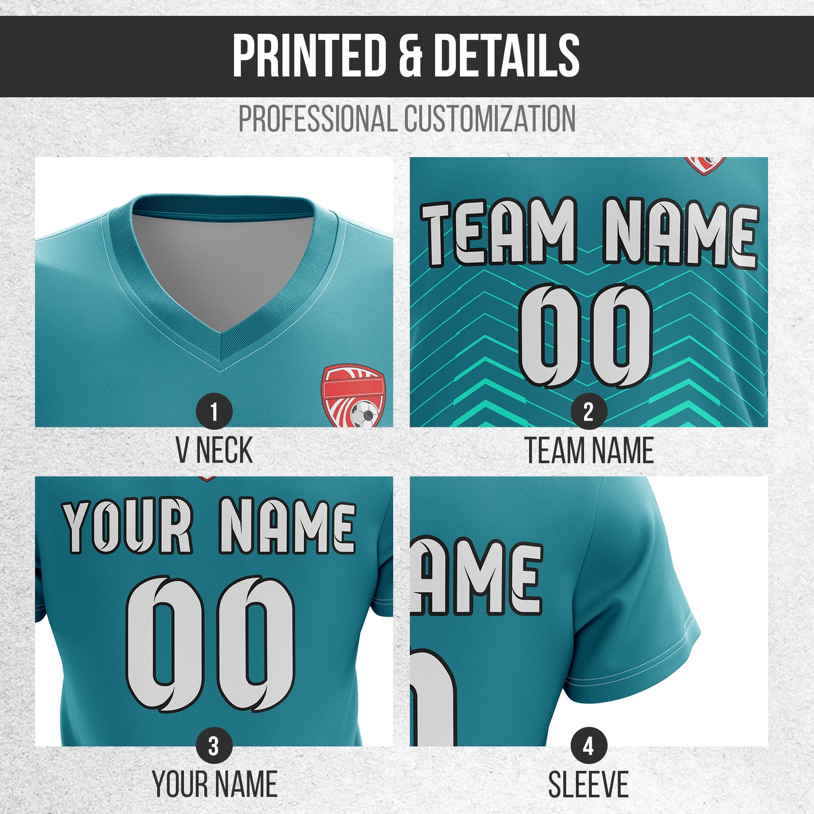 Soccer Jersey - V Neck - Side Pattern- Design 5 - Teal