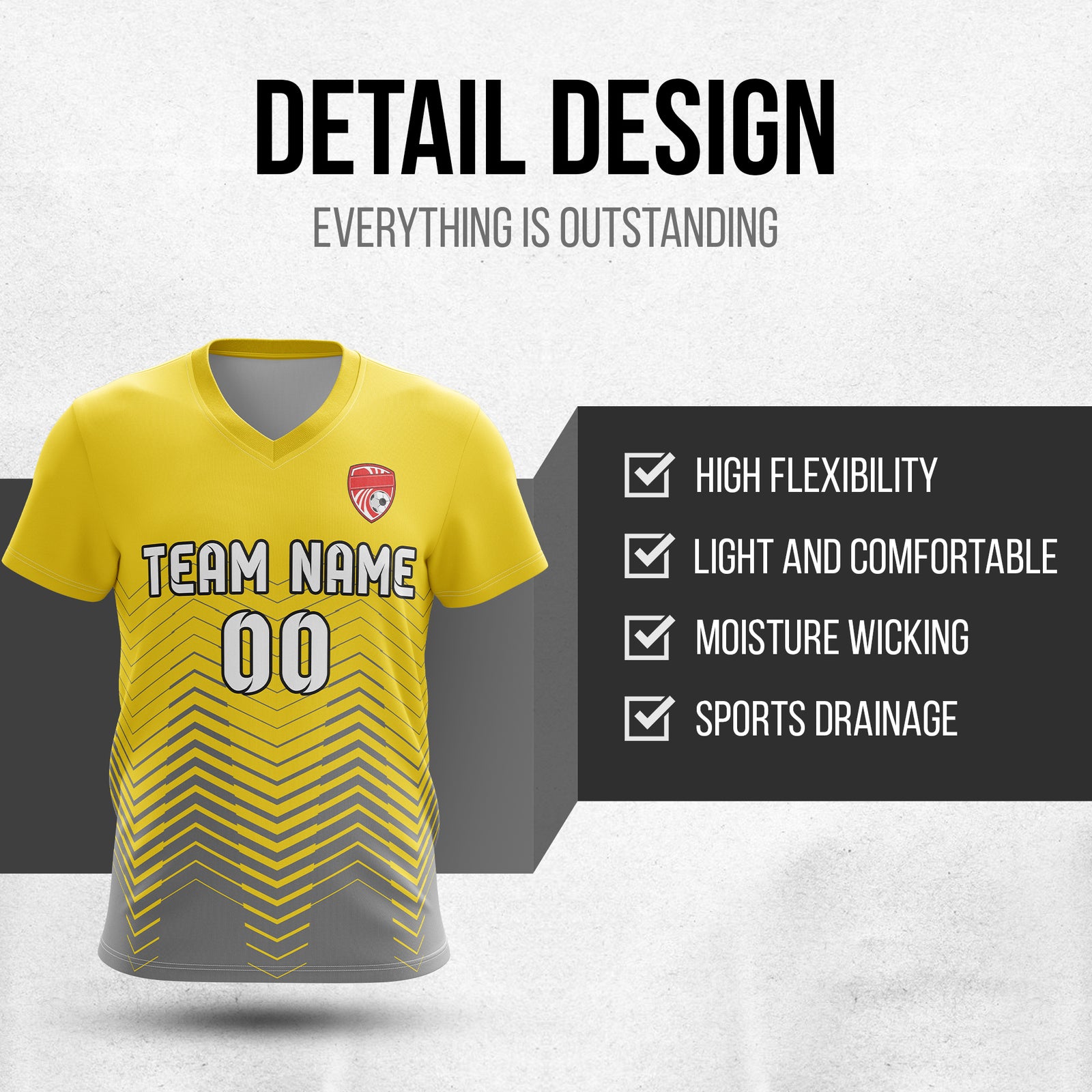 Soccer Jersey - V Neck - Side Pattern- Design 5 - Yellow