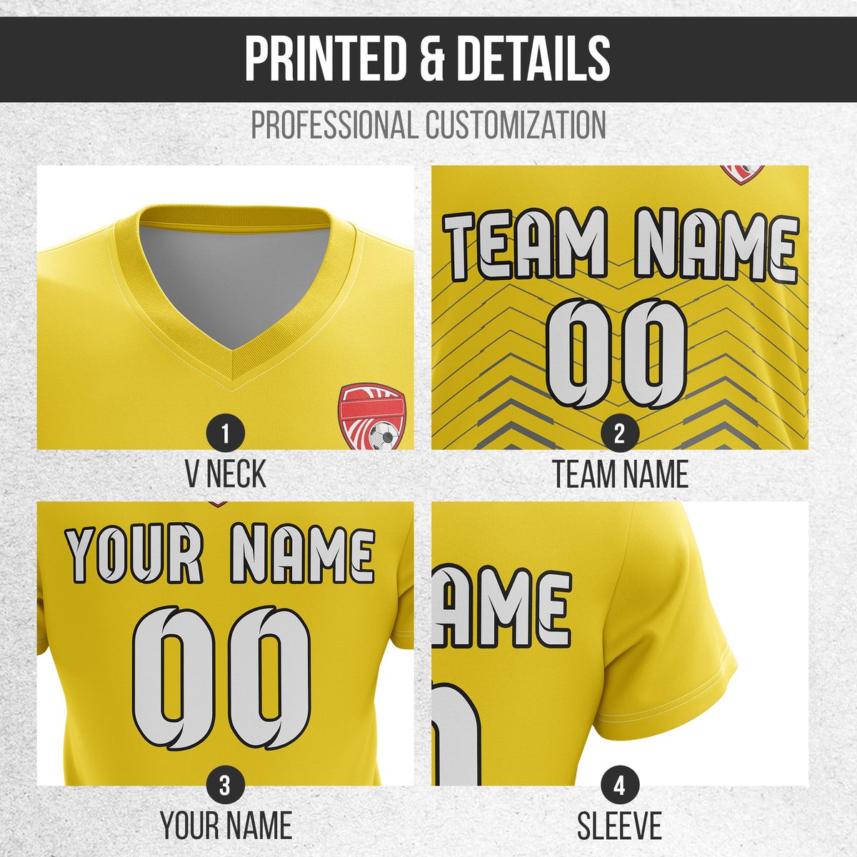 Soccer Jersey - V Neck - Side Pattern- Design 5 - Yellow