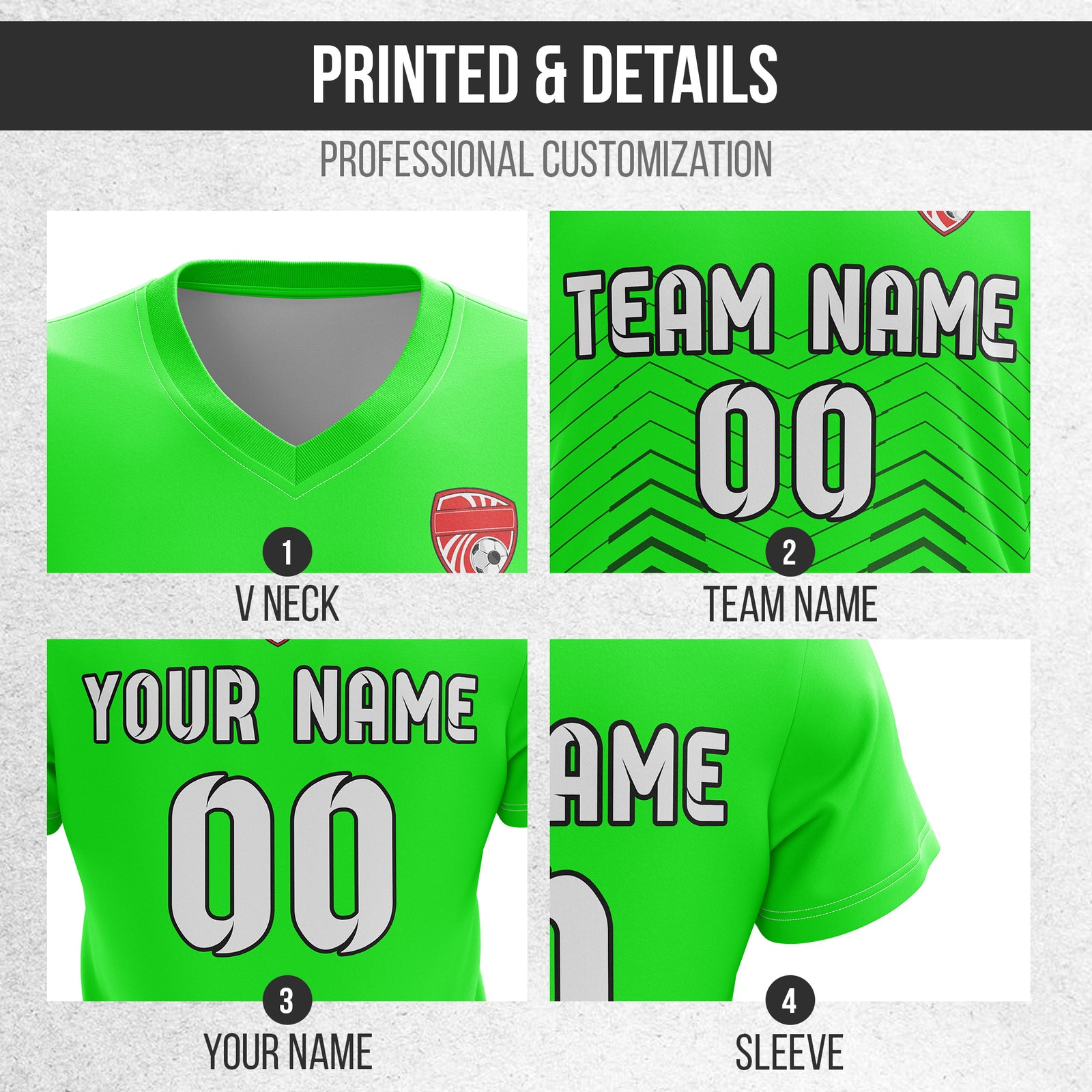 Soccer Jersey - V Neck - Side Pattern- Design 5 - neon Green