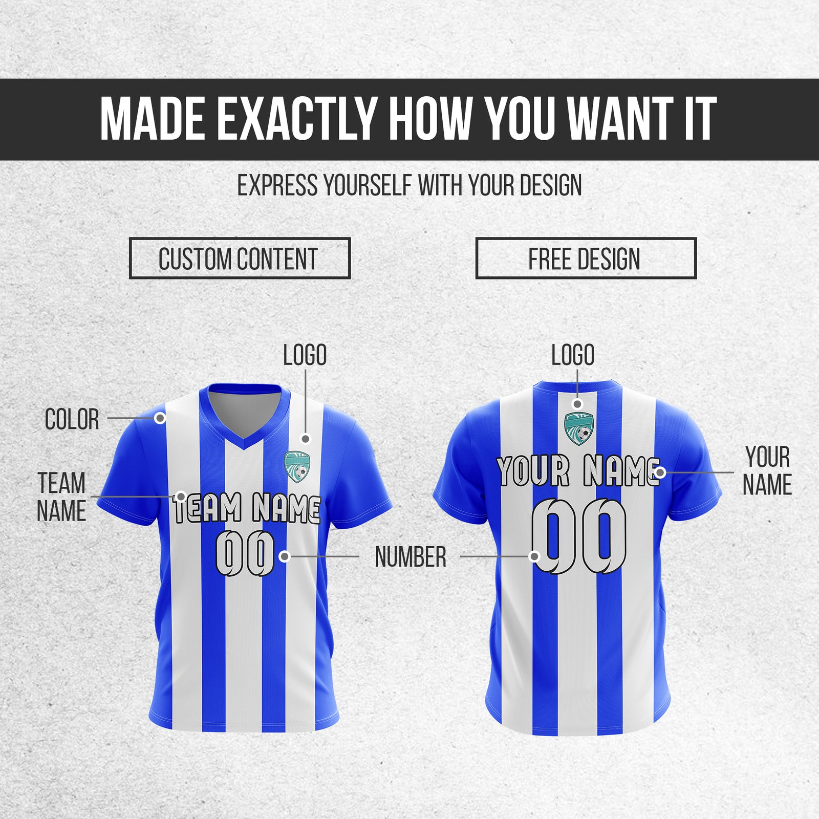 Soccer Jersey - V Neck - Stripe - Design 1 - Blue