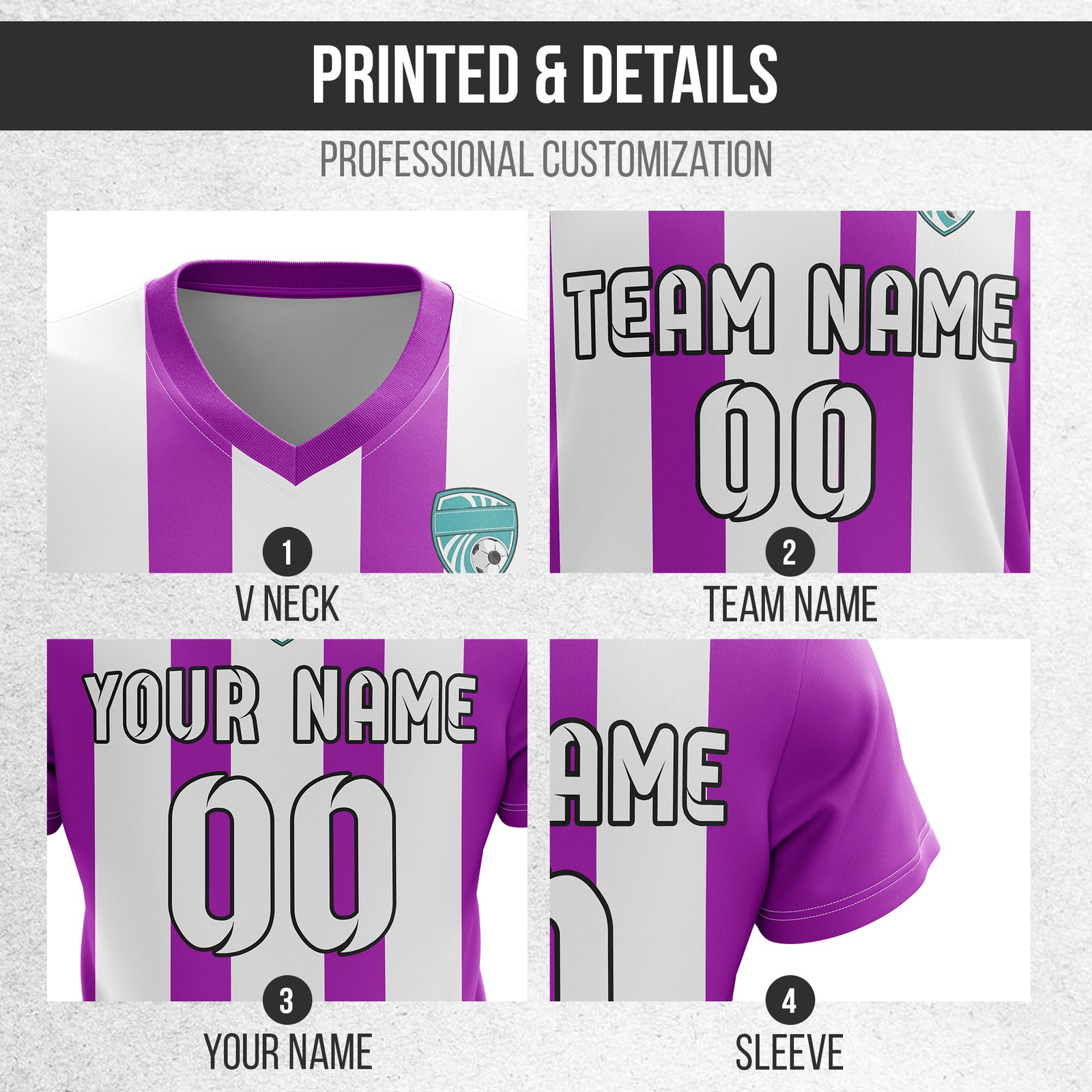 Soccer Jersey - V Neck - Stripe - Design 1 - Purple