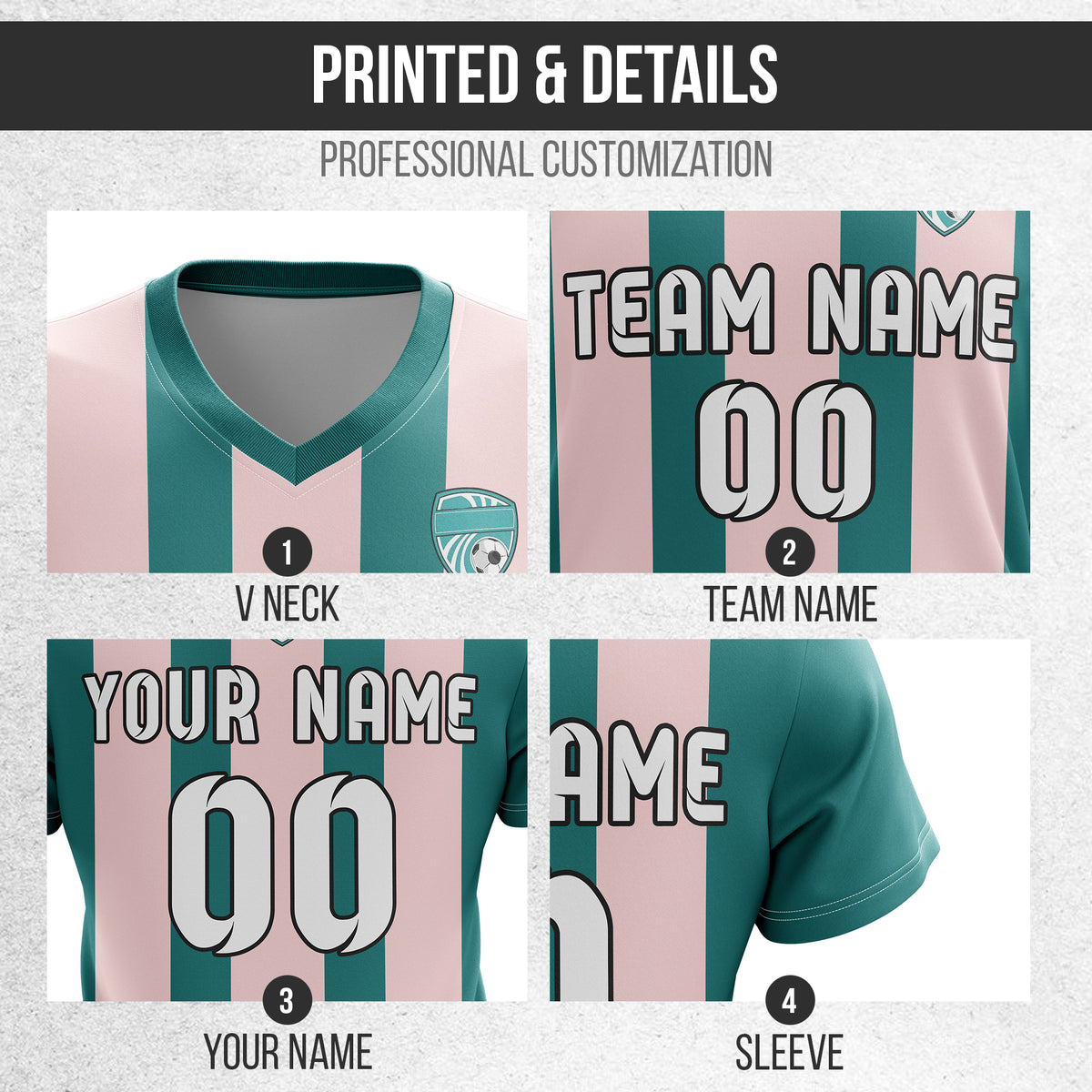 Soccer Jersey - V Neck - Stripe - Design 1 - Teal