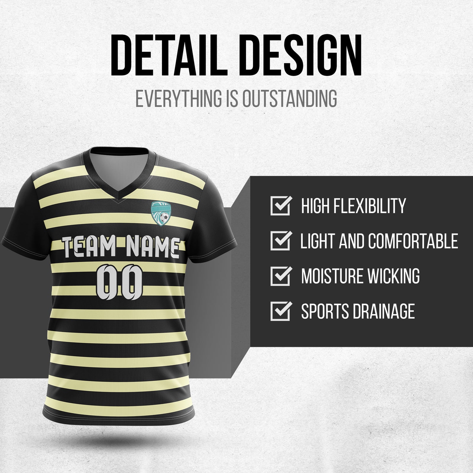 Soccer Jersey - V Neck - Stripe - Design 2 - Black