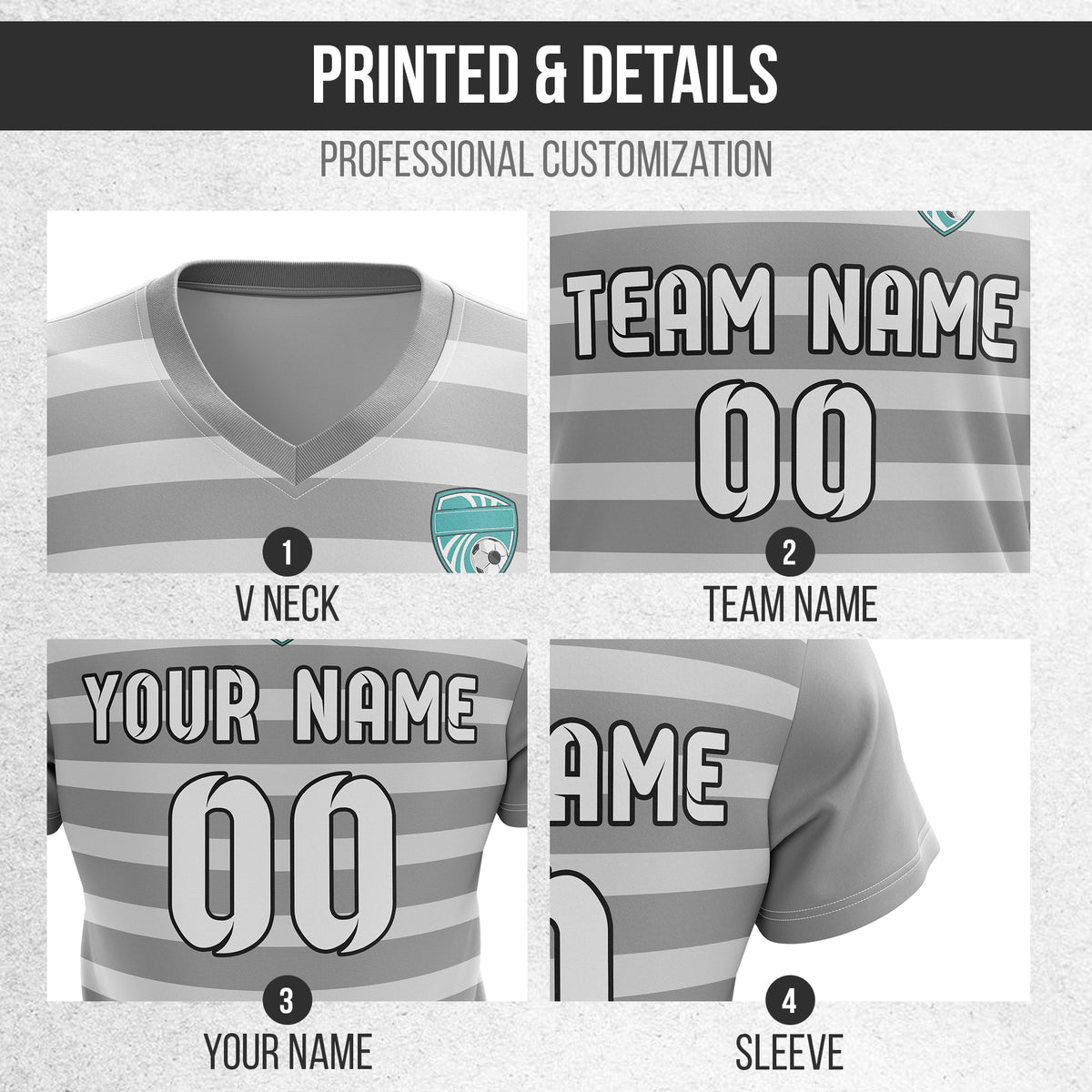 Soccer Jersey - V Neck - Stripe - Design 2 - Grey