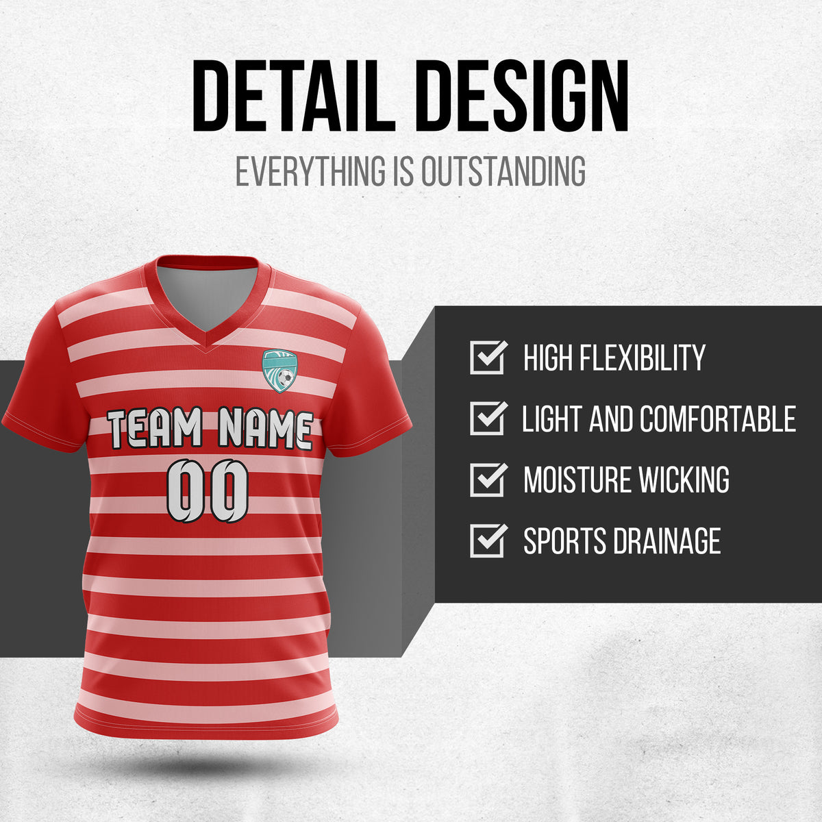 Soccer Jersey - V Neck - Stripe - Design 2 - Red