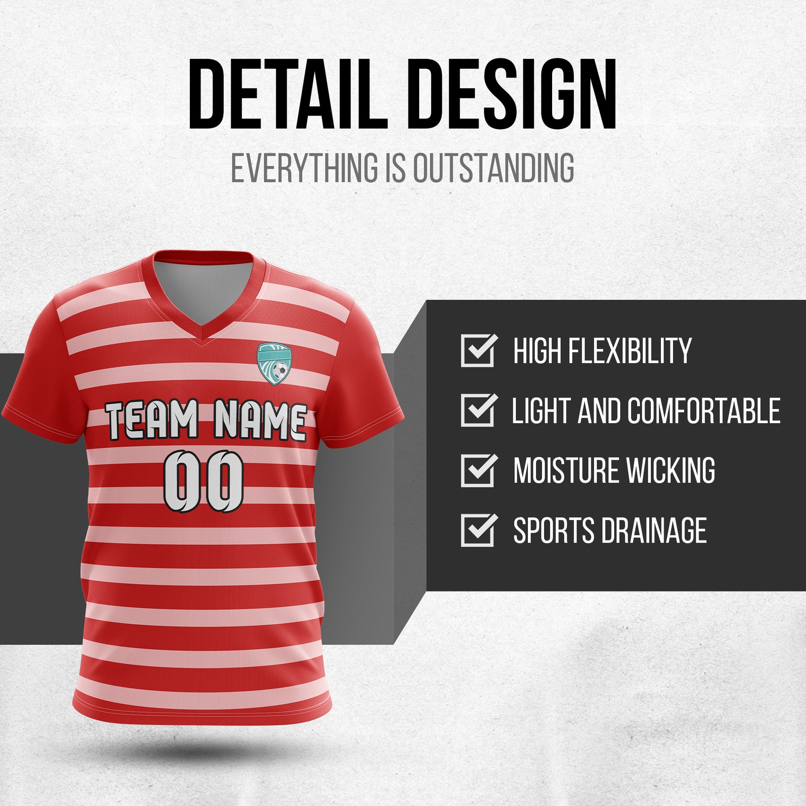 Soccer Jersey - V Neck - Stripe - Design 2 - Red