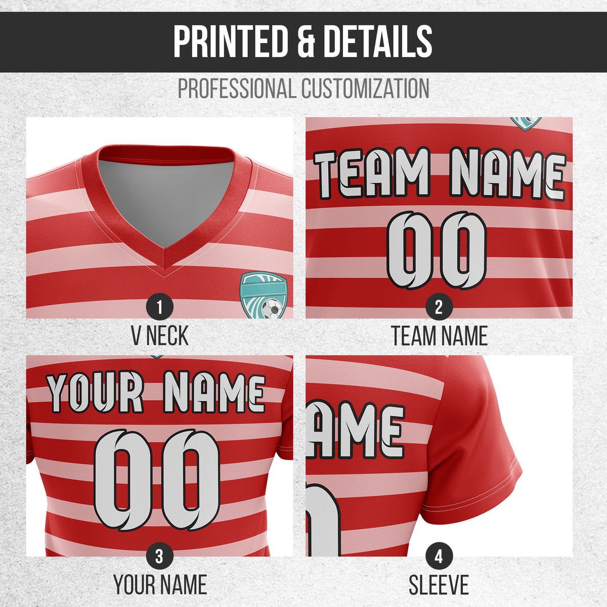 Soccer Jersey - V Neck - Stripe - Design 2 - Red