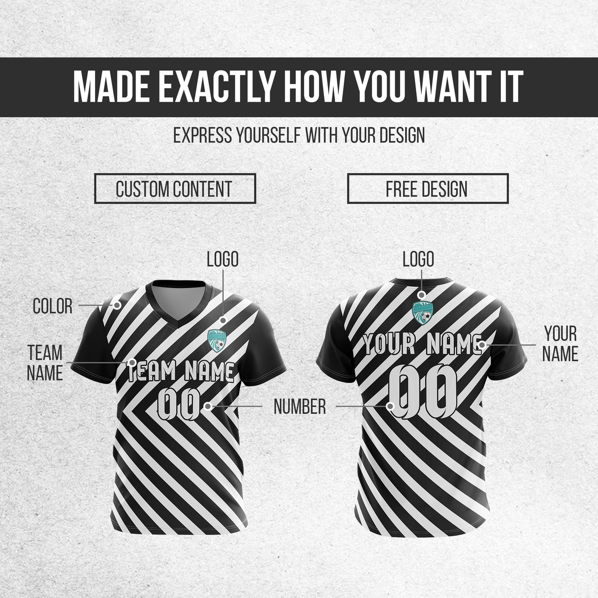 Soccer Jersey - V Neck - Stripe - Design 3 - Black