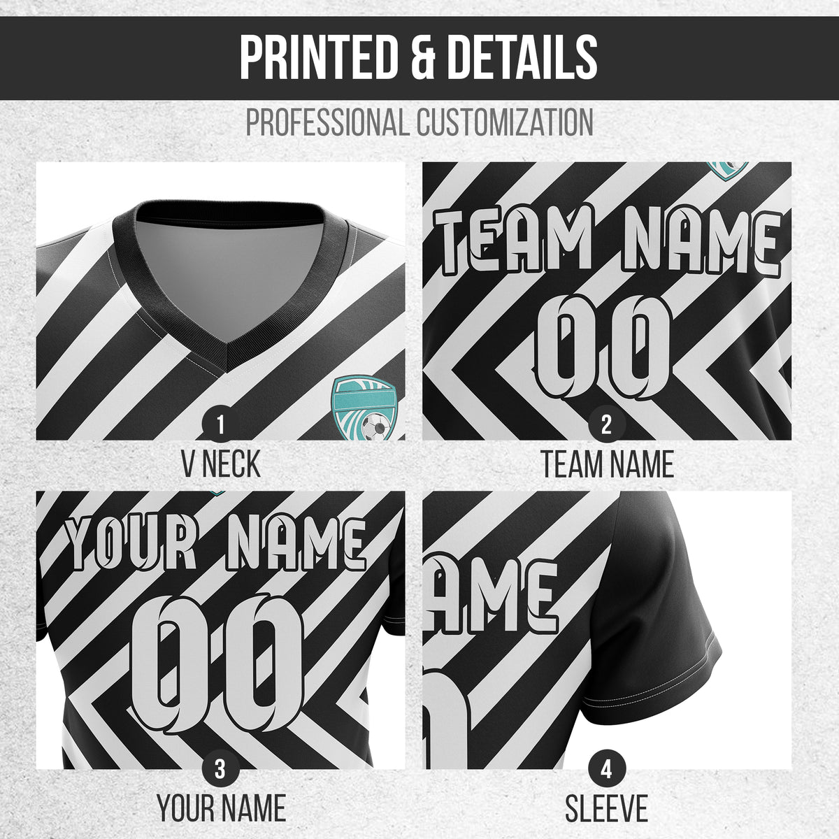 Soccer Jersey - V Neck - Stripe - Design 3 - Black