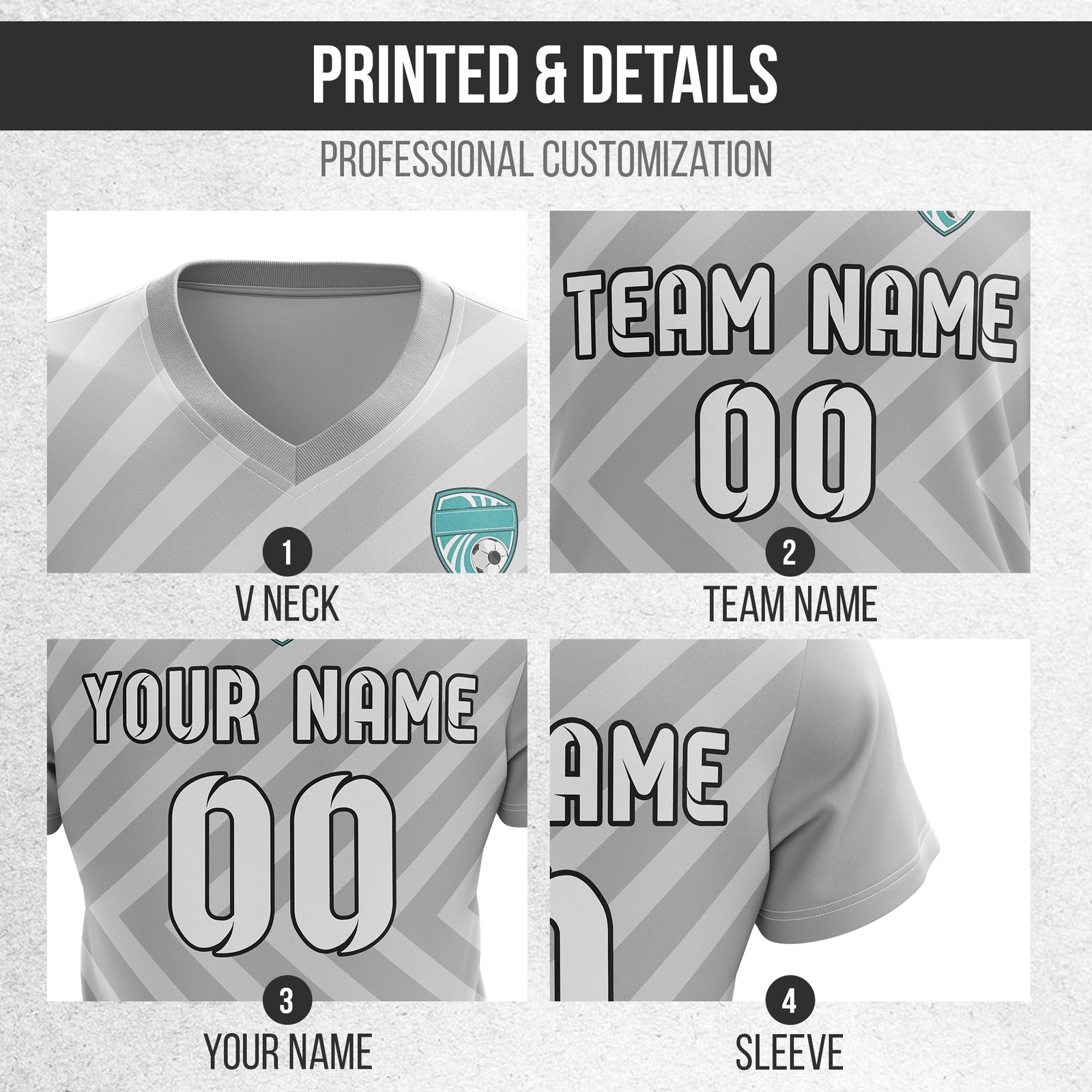 Soccer Jersey - V Neck - Stripe - Design 3 - Grey