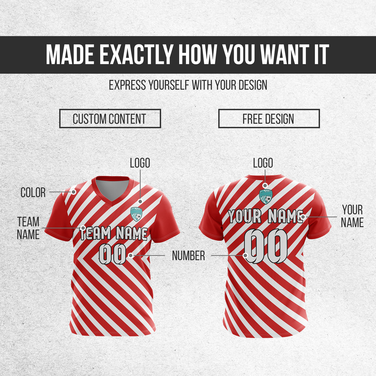 Soccer Jersey - V Neck - Stripe - Design 3 - Red