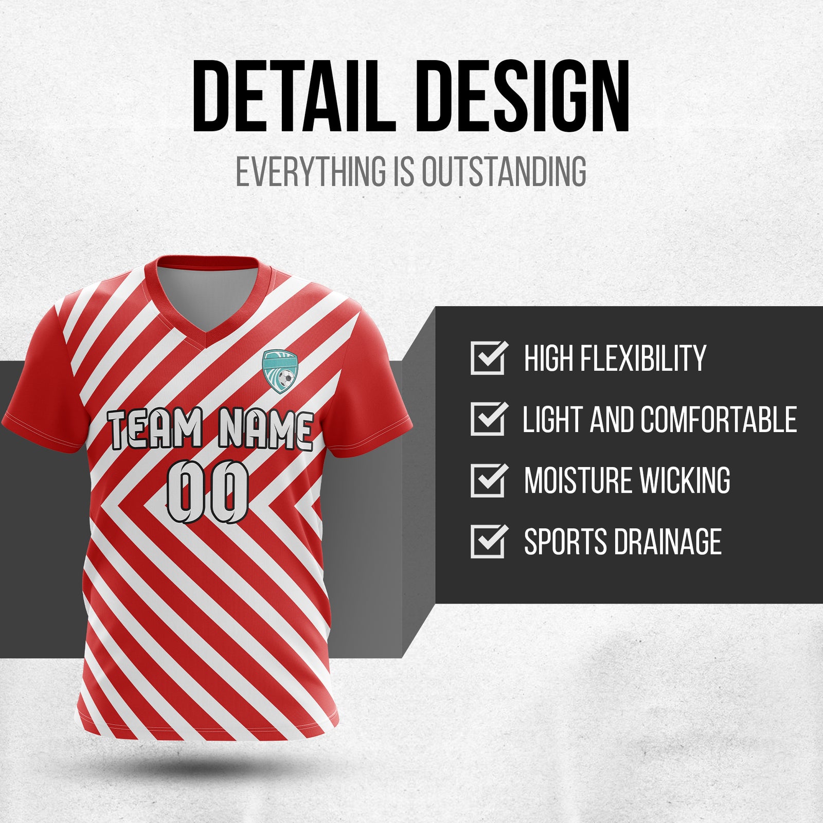 Soccer Jersey - V Neck - Stripe - Design 3 - Red