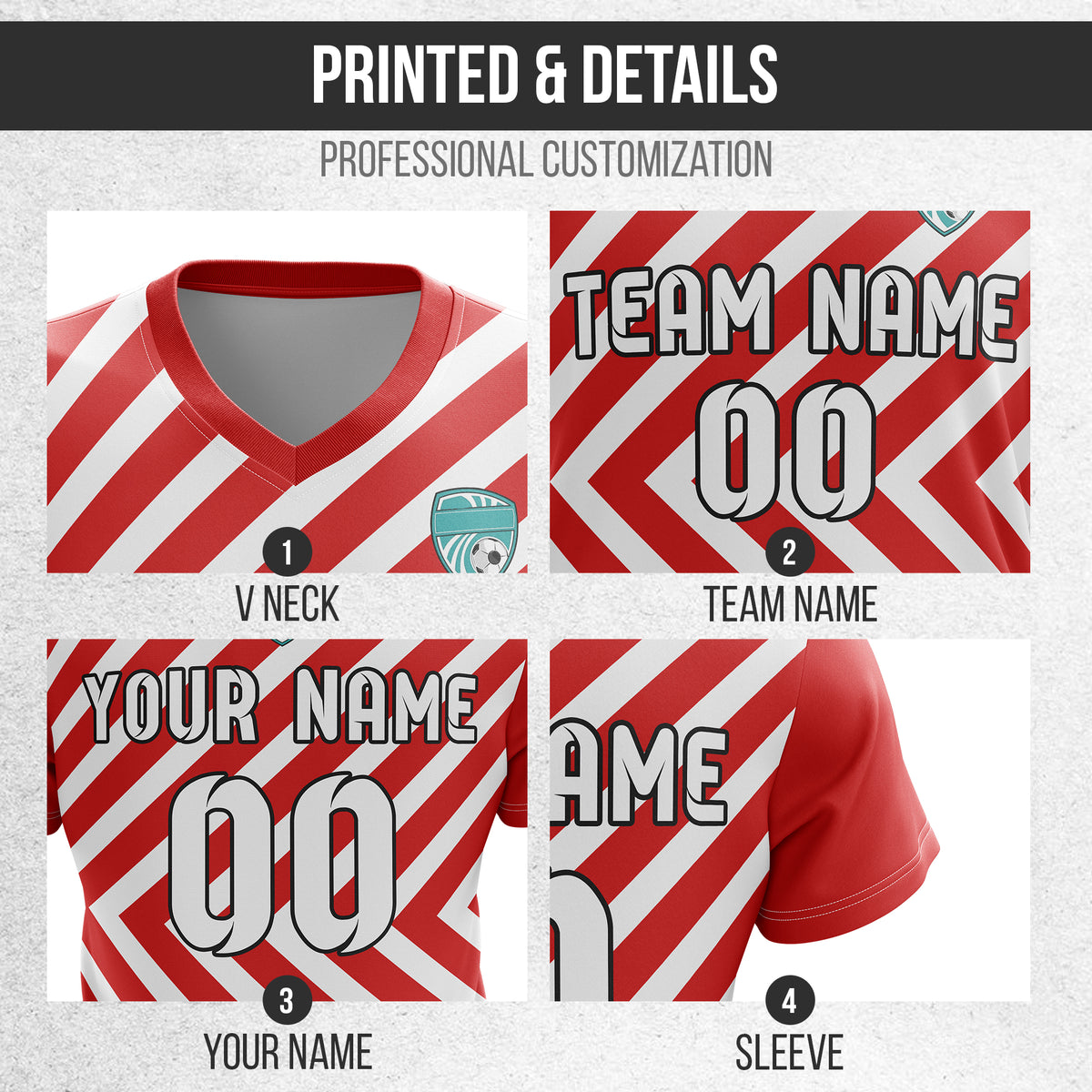 Soccer Jersey - V Neck - Stripe - Design 3 - Red