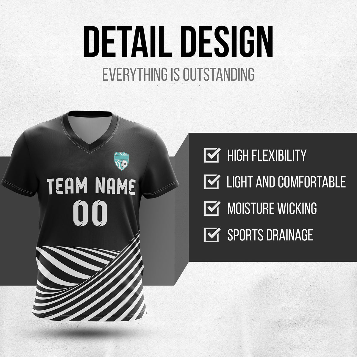 Soccer Jersey - V Neck - Stripe - Design 4 - Black