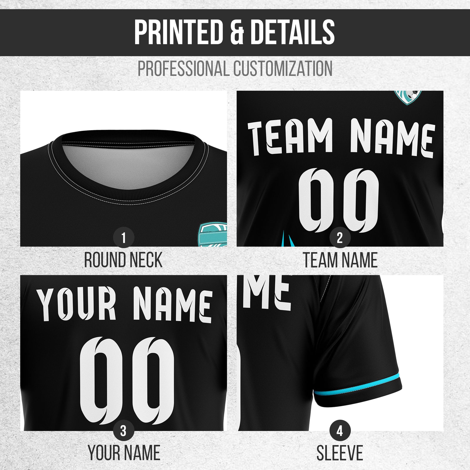 Soccer Jersey - Round Neck - Side Pattern - Design 1 - Black