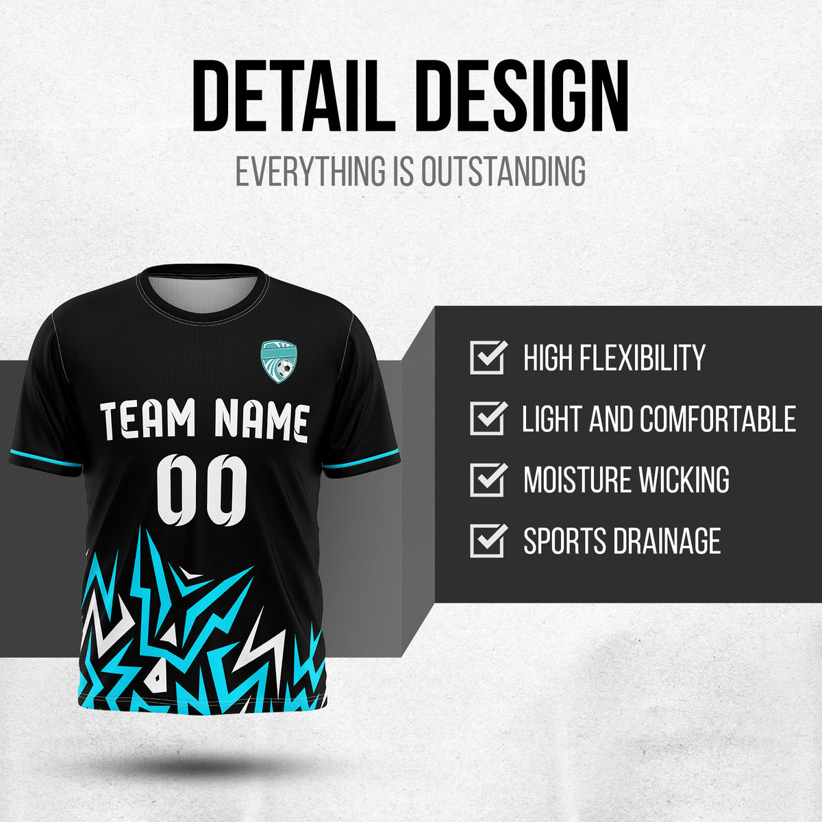 Soccer Jersey - Round Neck - Side Pattern - Design 1 - Black